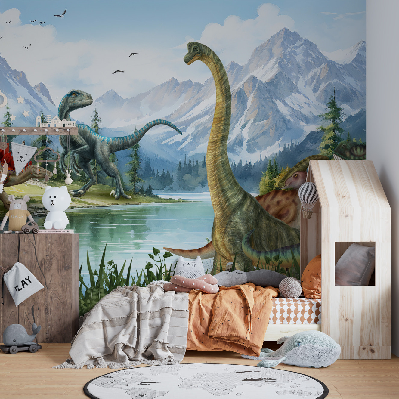 Jurassic Valley dinosaur wallpaper mural with a prehistoric vibe.
