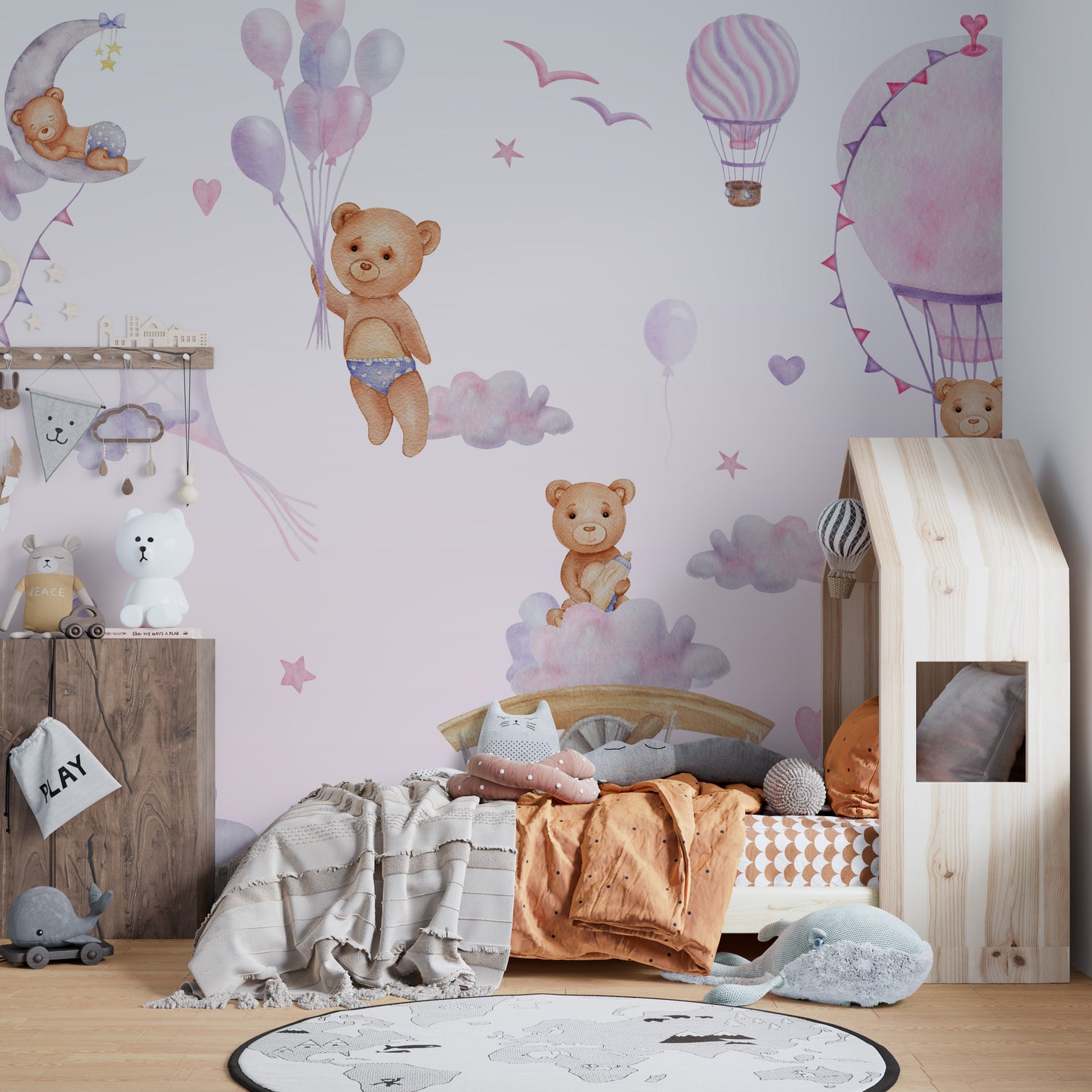 Bouncy Bear Sky Journey Mural reusable wallpaper