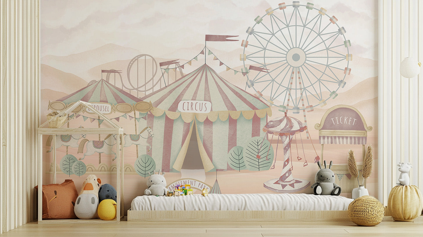 Vintage circus mural for kids' rooms
