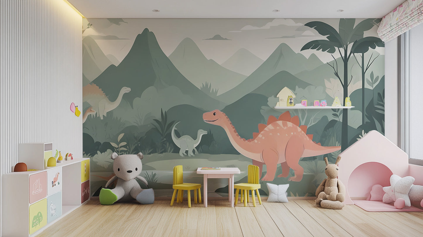 Dinosaur-themed mural wallpaper for an adventurous kids' room