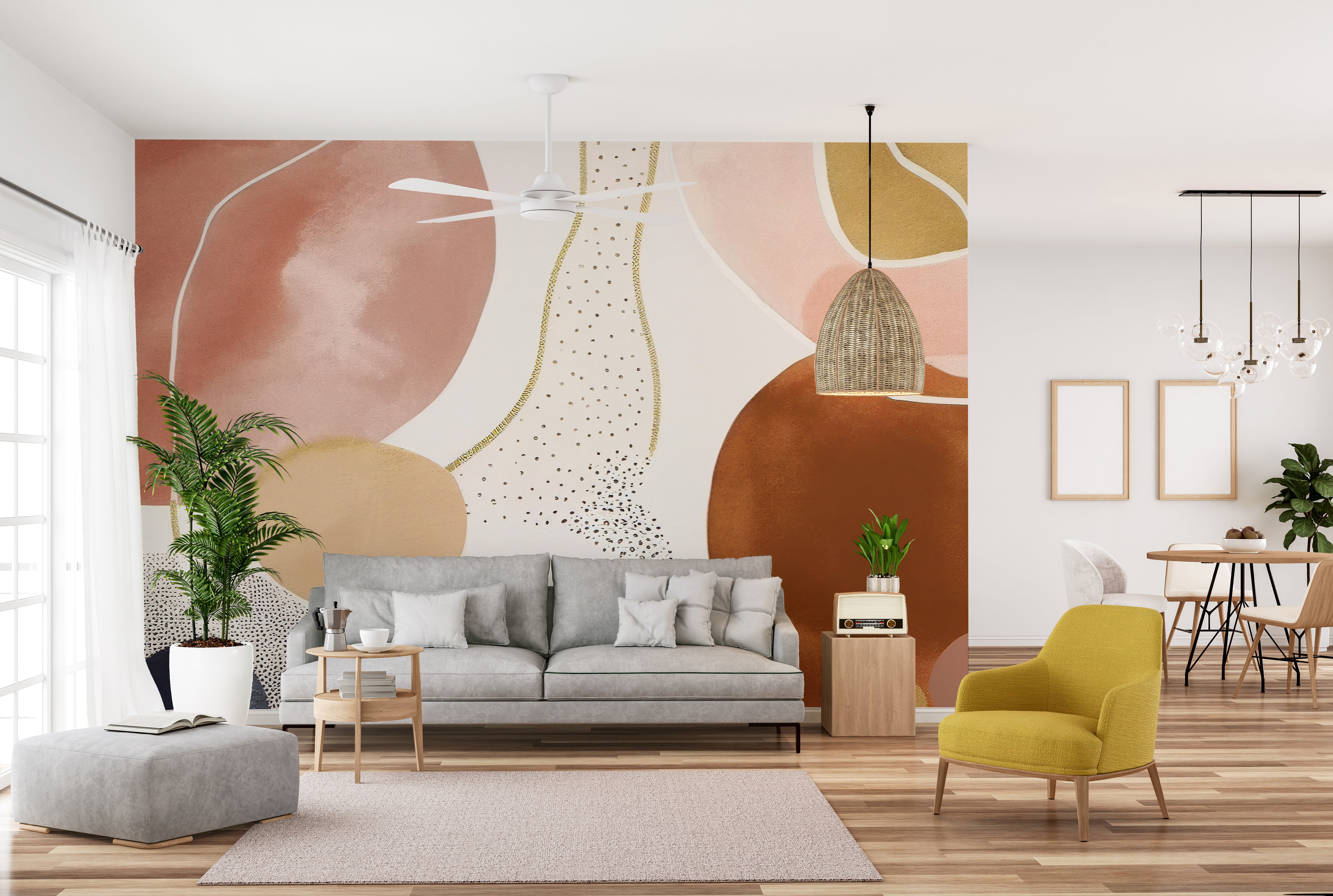 Organic shapes in soft pink and gold for a chic wall design.
