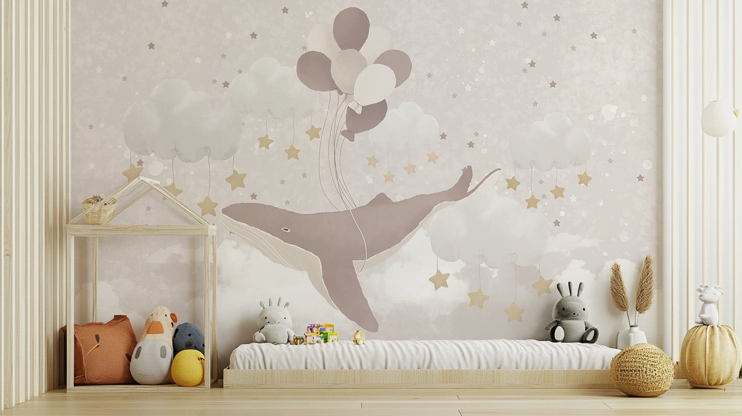 Starry whale mural for nursery walls
