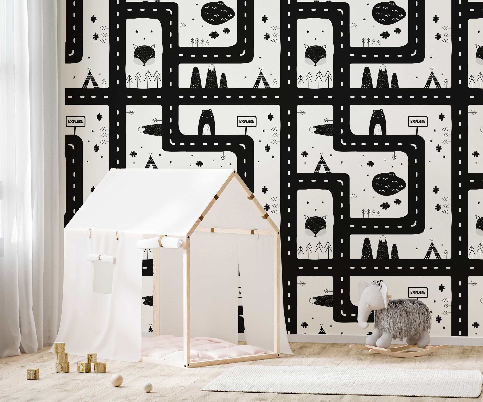 Fun road layout black and white wallpaper.