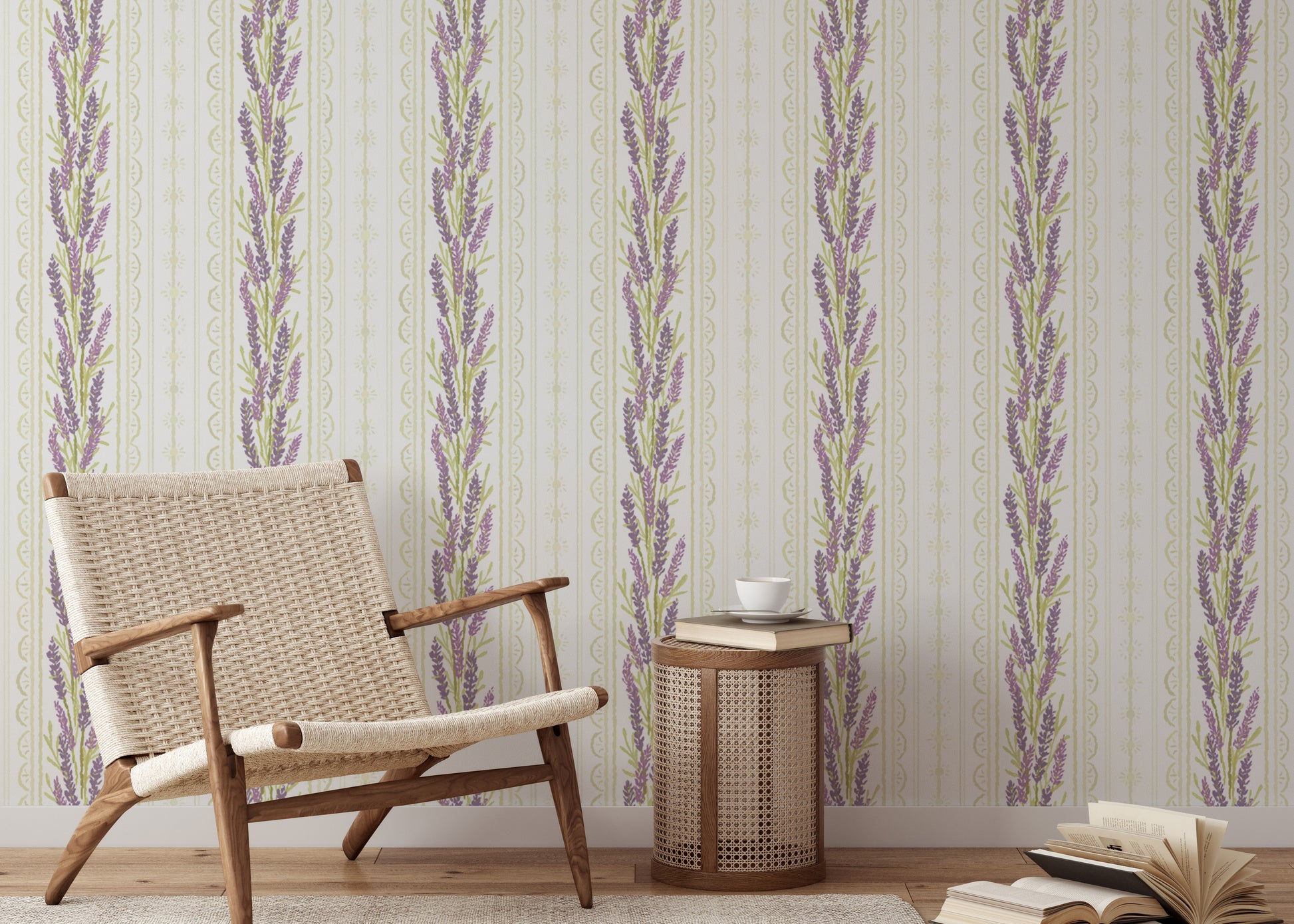 Lavender and white striped floral wall design
