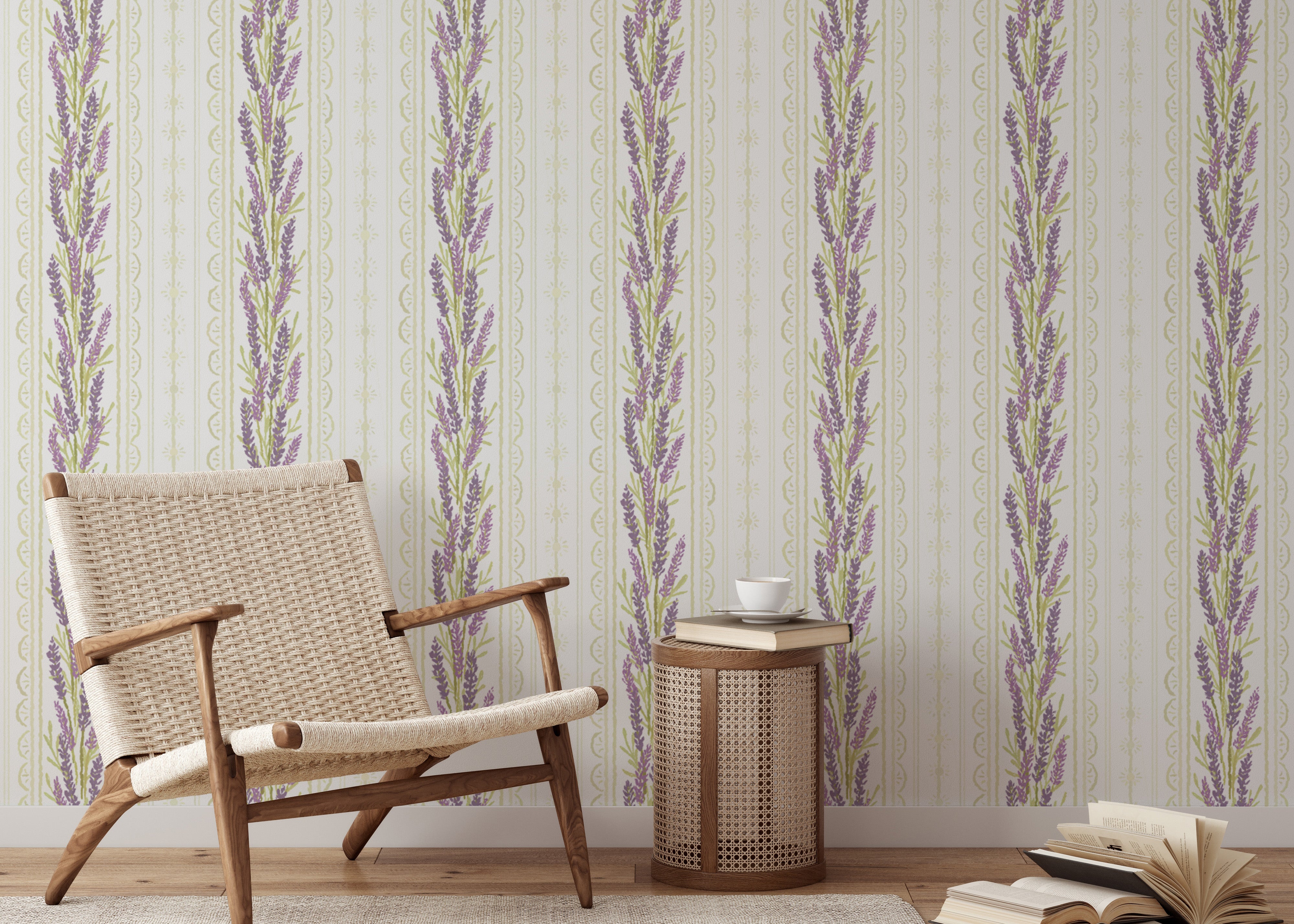 Lavender and white striped floral wall design
