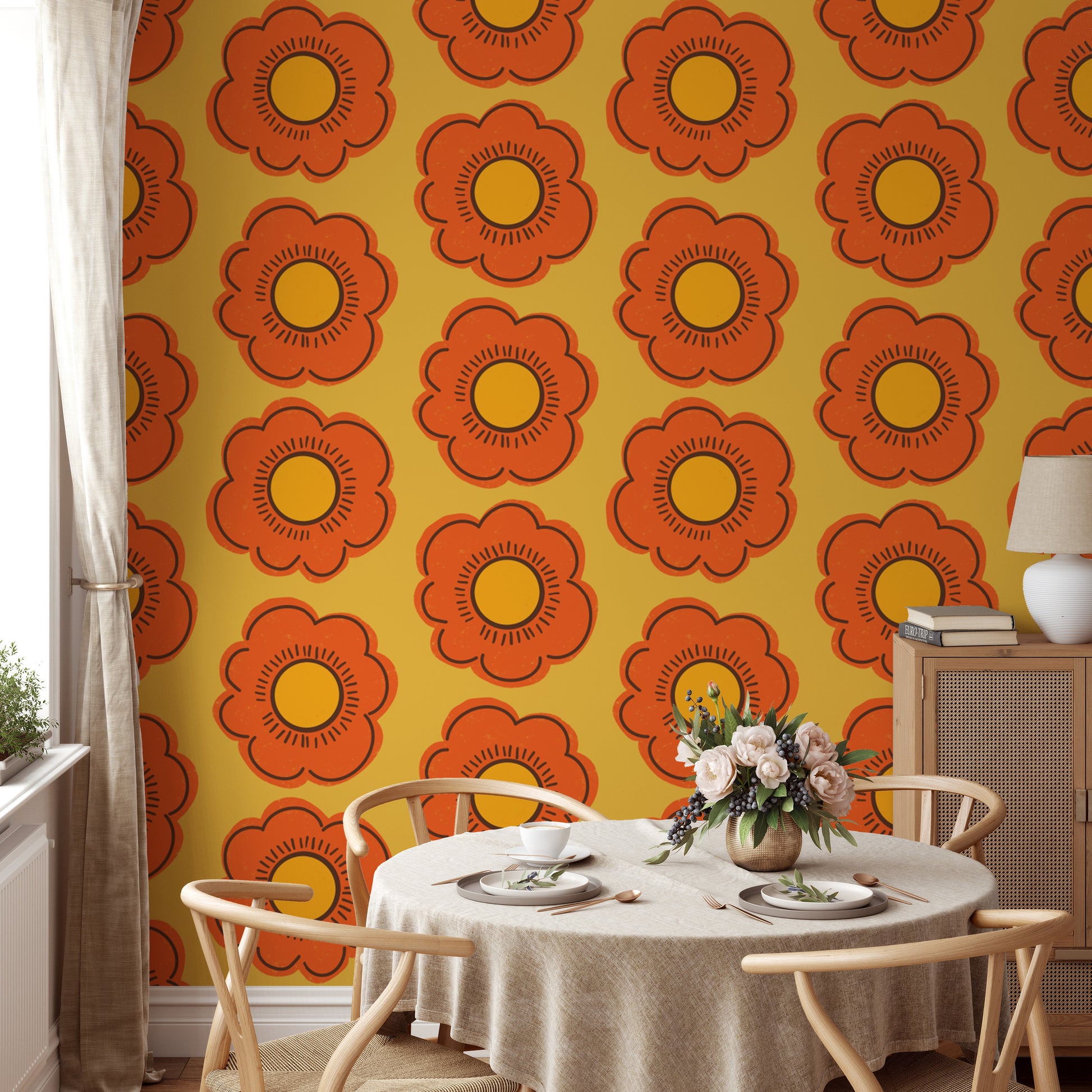 Add cheer with Retro Sunflower Wallpaper for walls