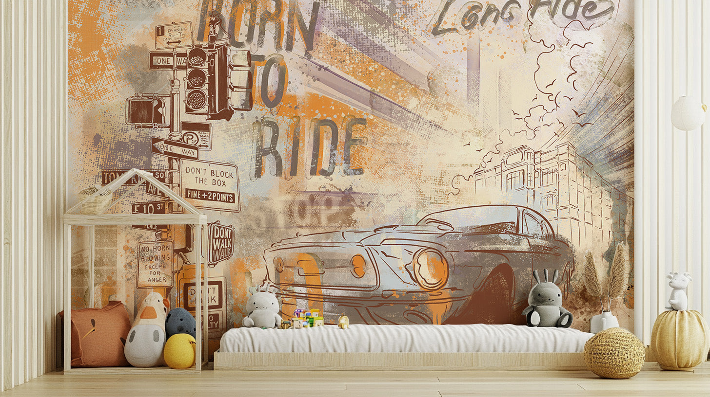 Mustang Mirage wallpaper ignites kids room style