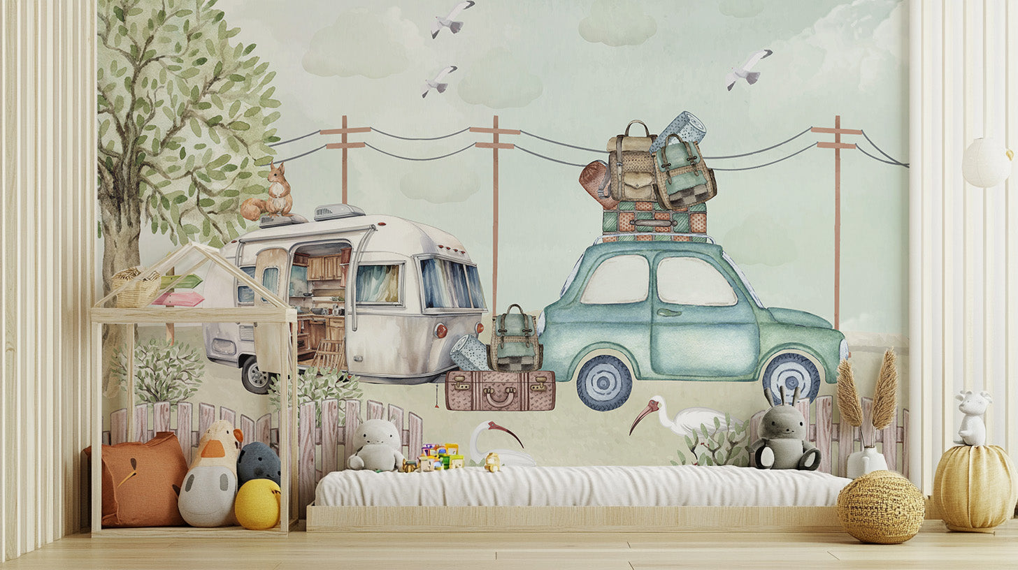 Adventure-inspired play area mural wallpaper