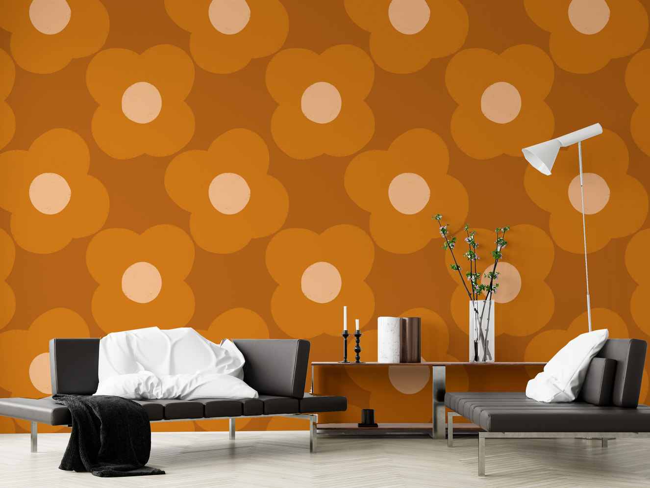 Retro daisy floral wallpaper in warm orange rust
