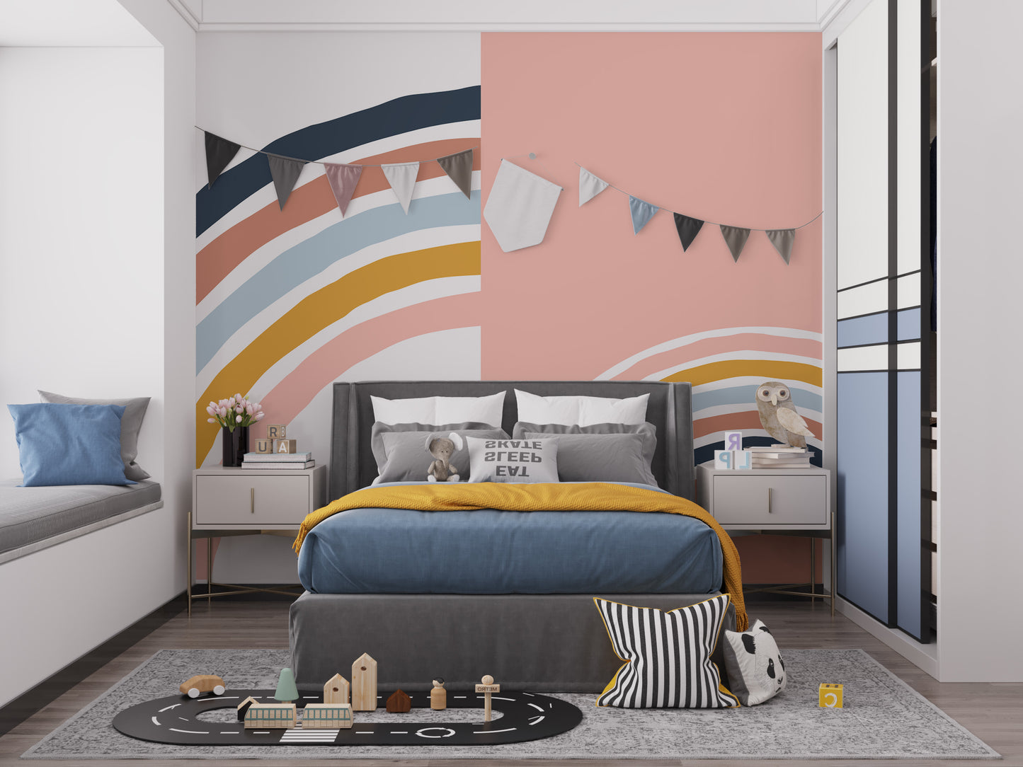 Playful stripy rainbow mural for walls
