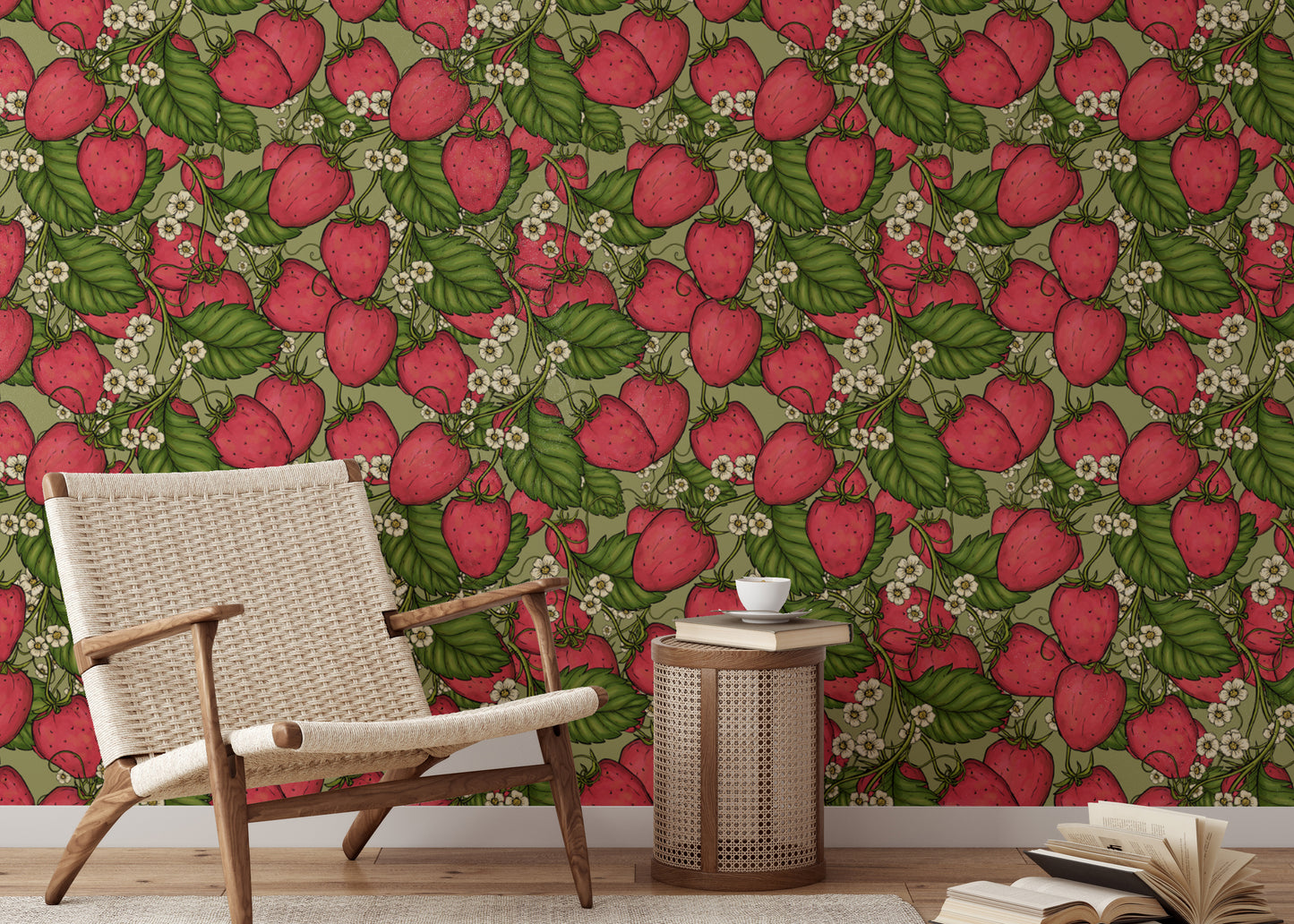 Artistic pink strawberry forest wallpaper for unique wall decor.
