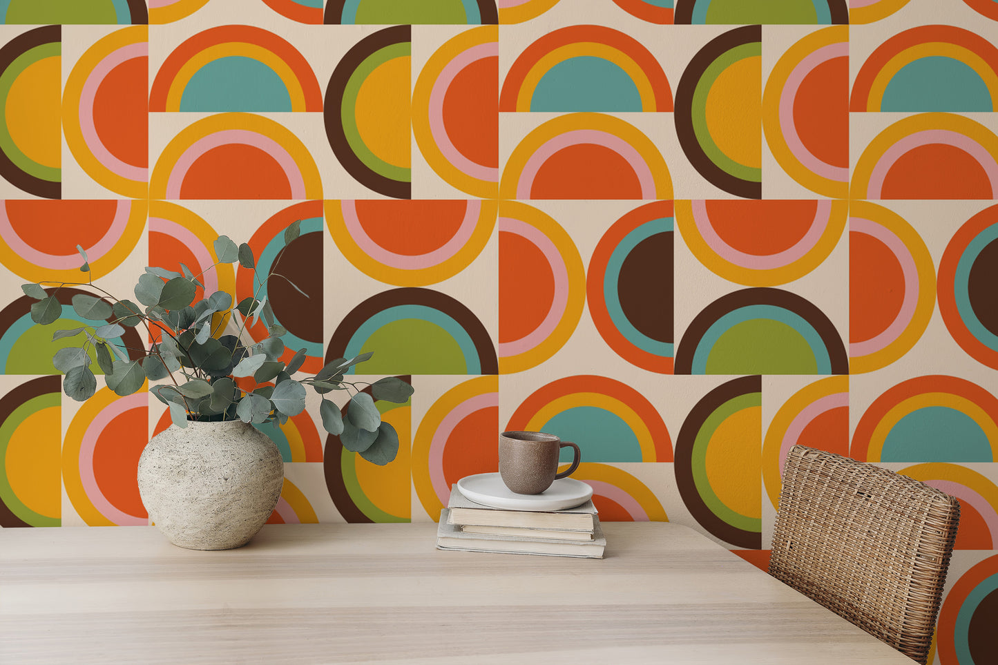 Bauhaus-inspired geometric mural with warm tones
