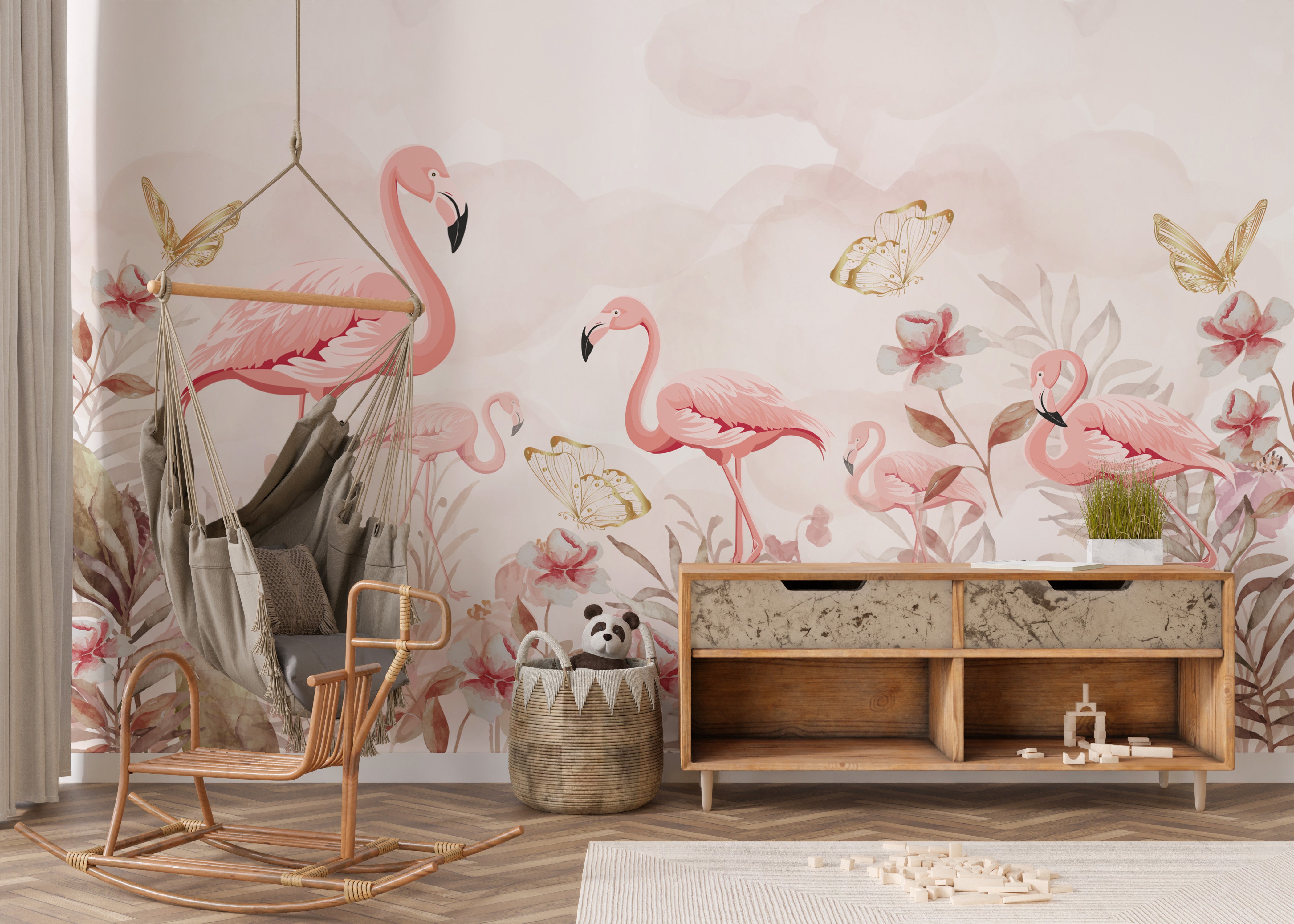 Beautiful flamingo mural perfect for adding a tropical touch.
