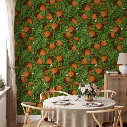 Elegant acorns wallpaper for nature-inspired wall decor.