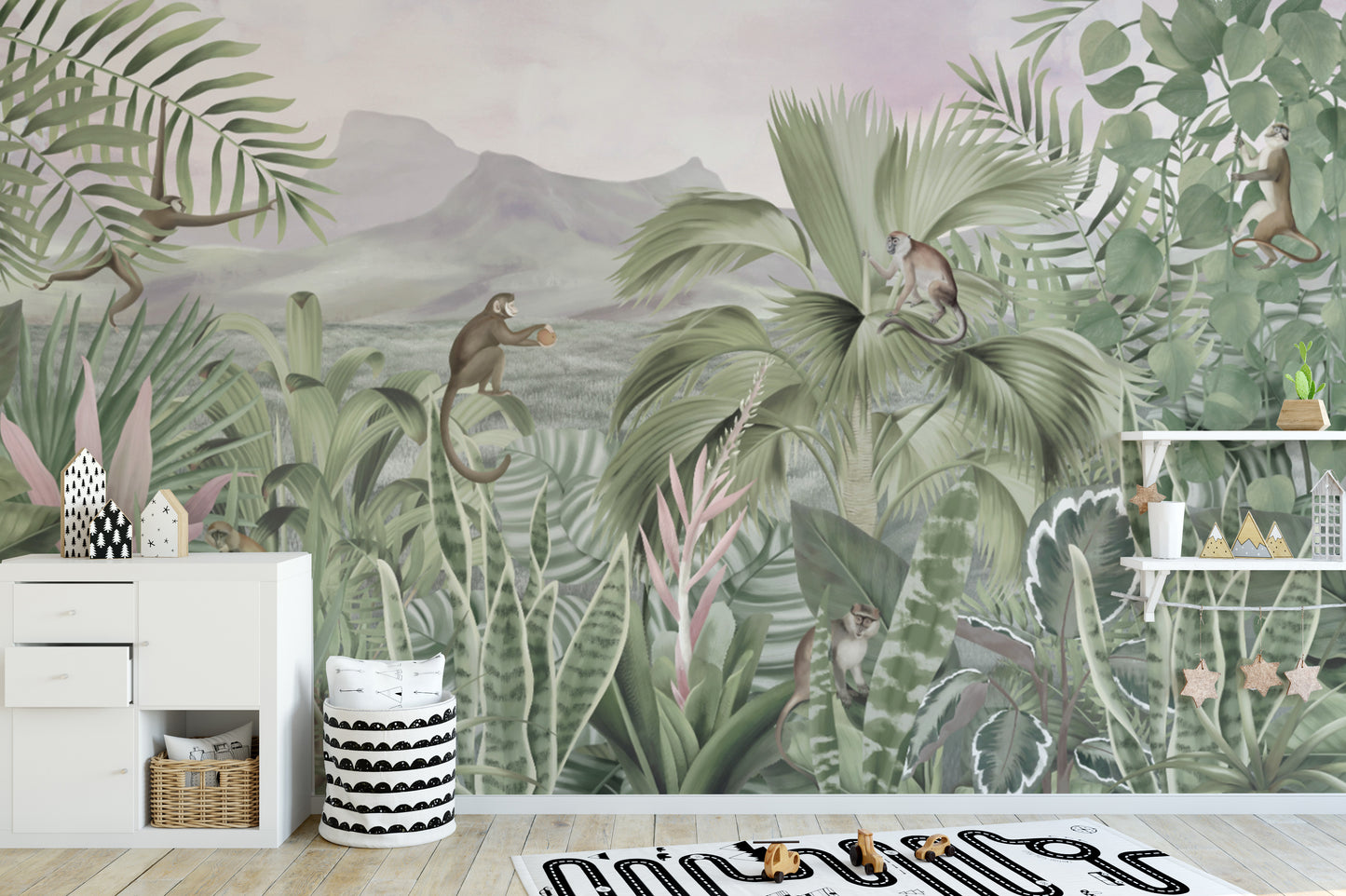 Lush rainforest wallpaper with monkeys and palm leaves
