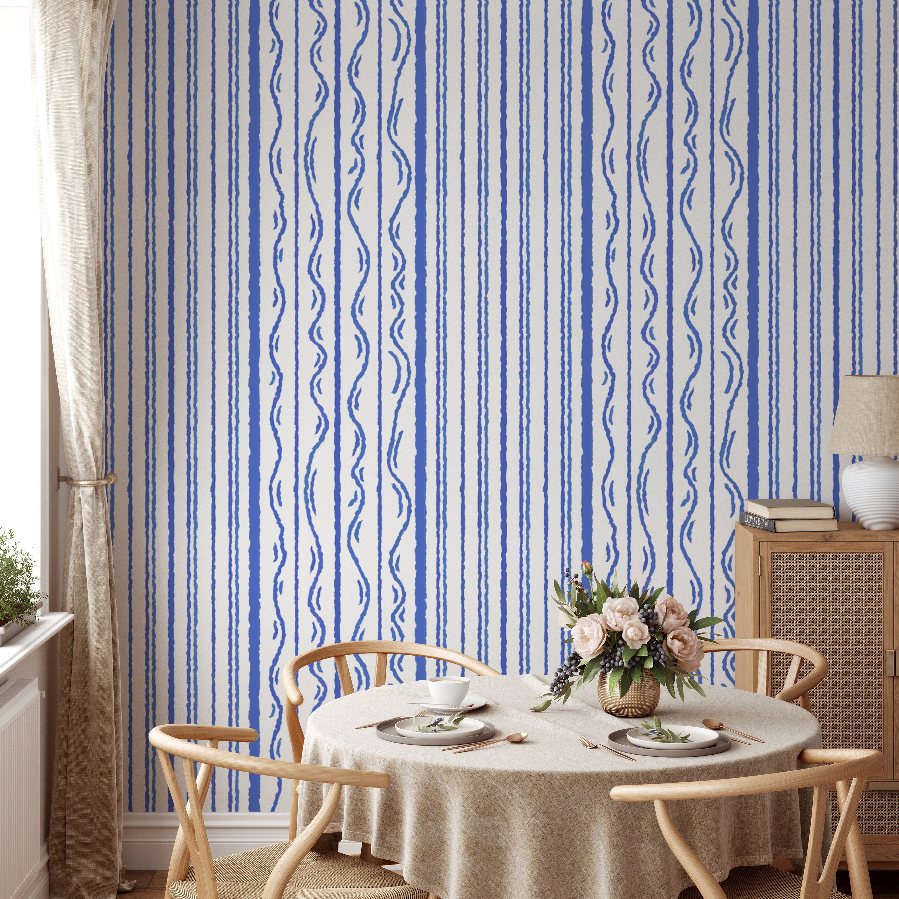 Chic blue striped mural wallpaper for contemporary spaces.
