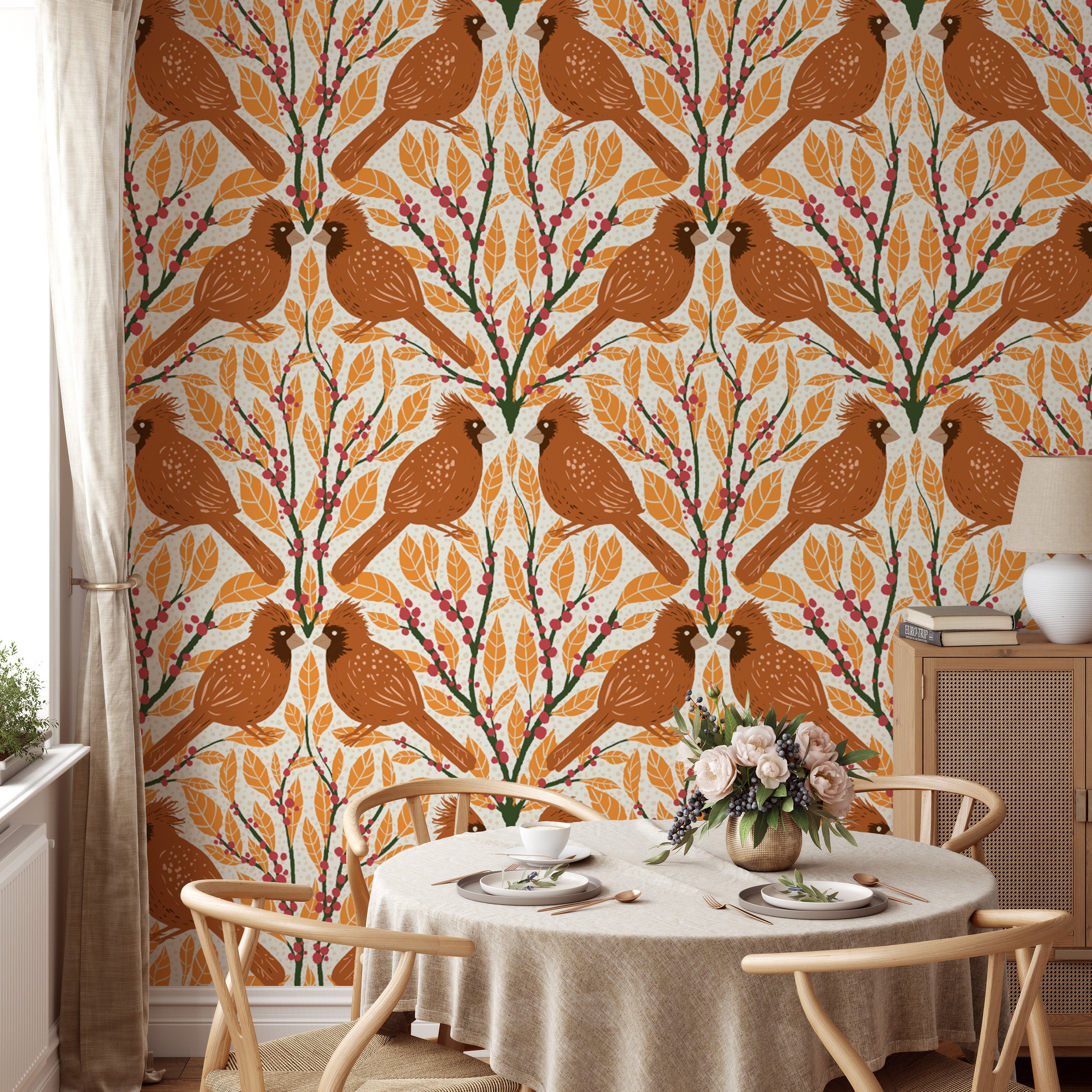 Playful yellow cardinals wallpaper for a lively, fresh design.
