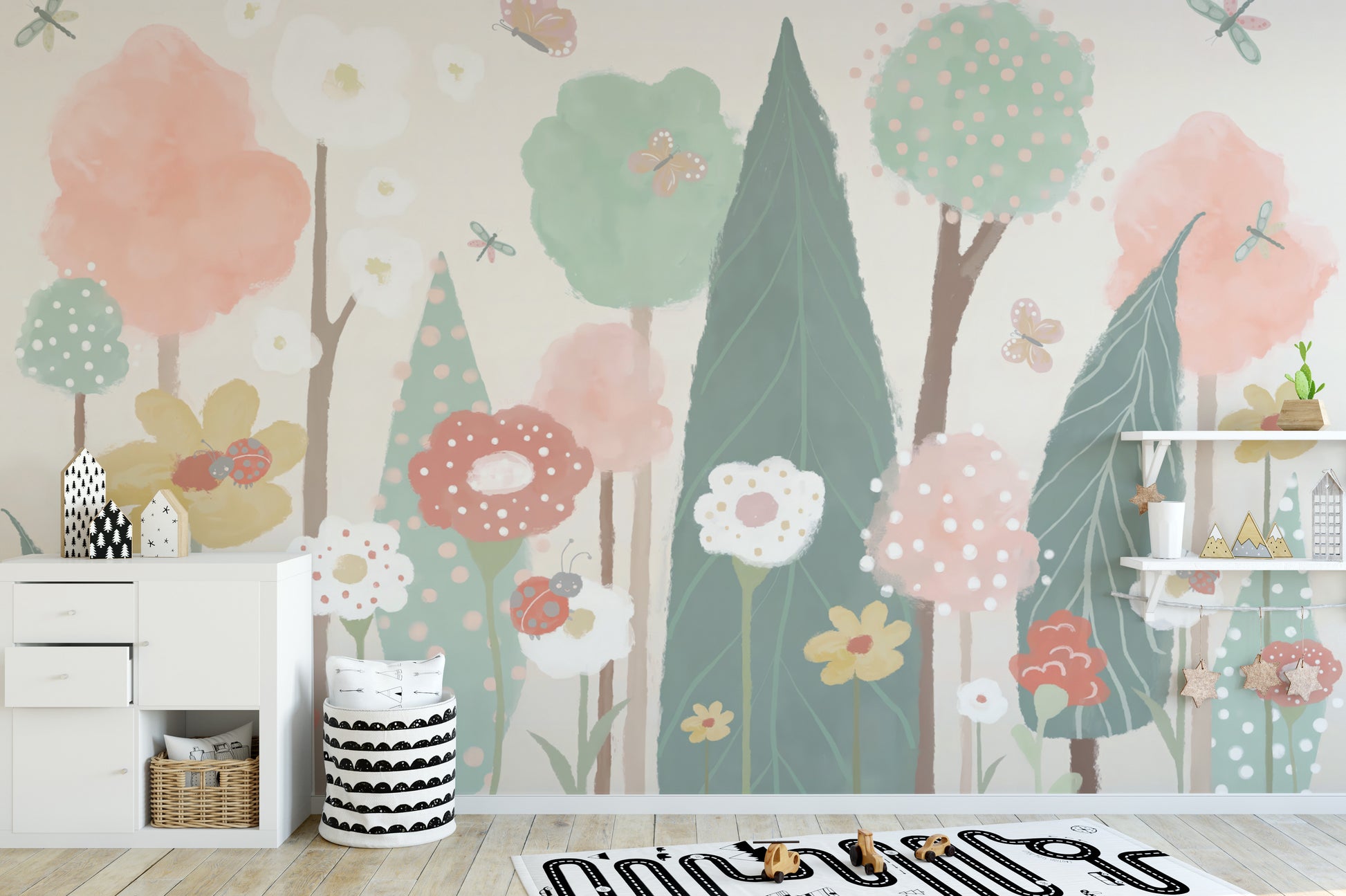 Dreamy floral trees wallpaper with delicate watercolor effects.
