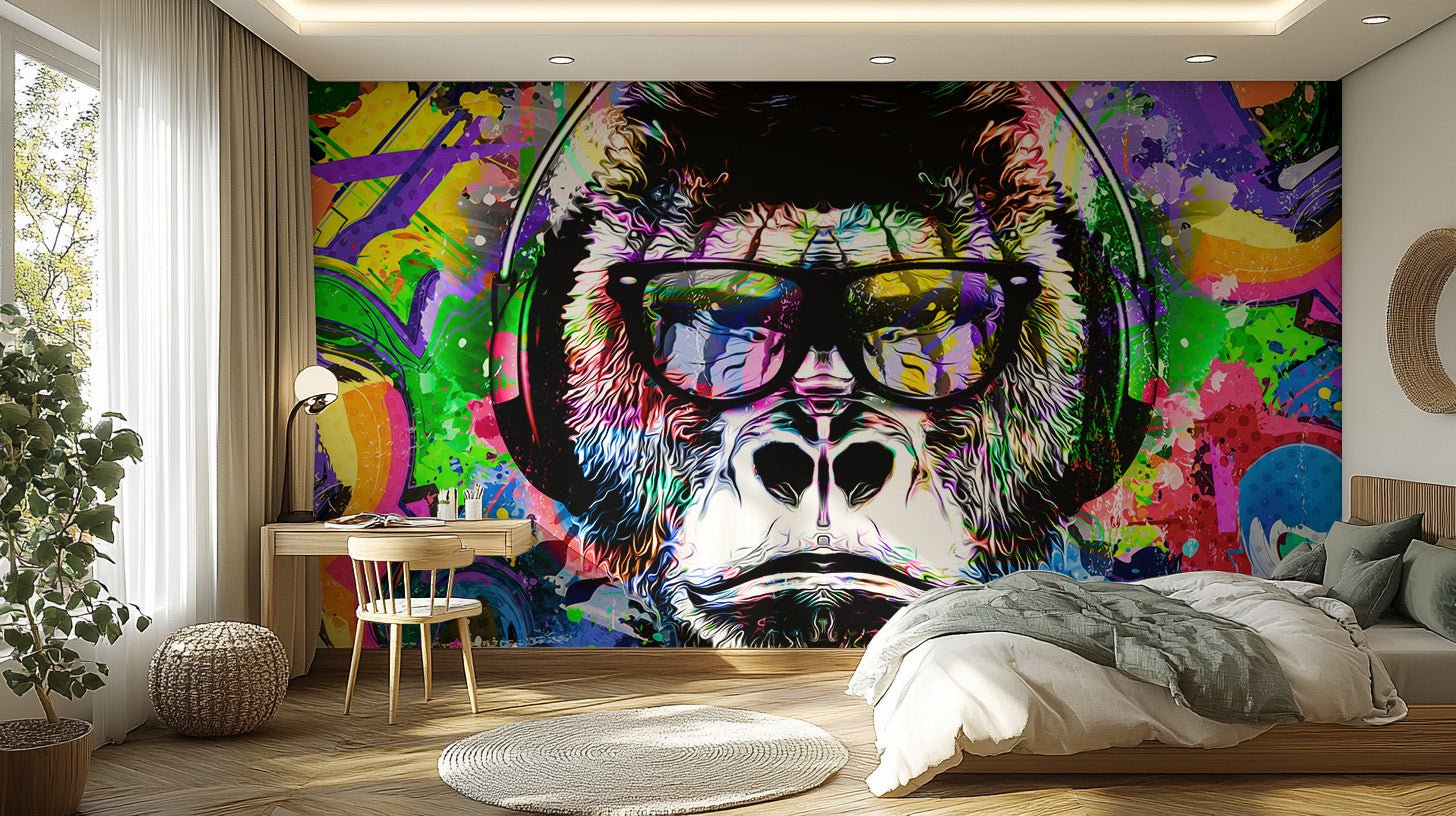 Playful colorful monkey graffiti wallpaper design.