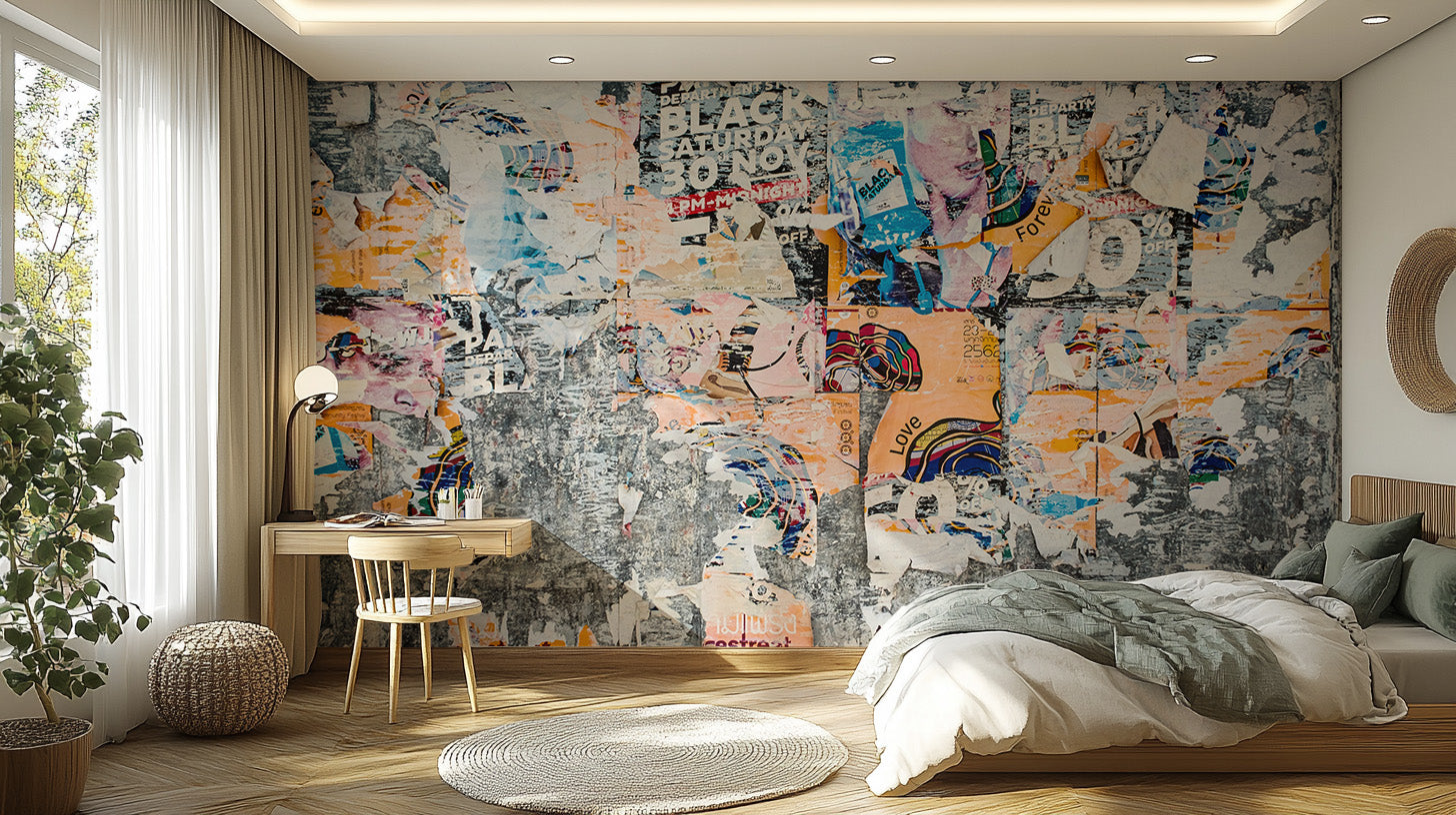 Bold urban poster patchwork wallpaper mural for modern walls.