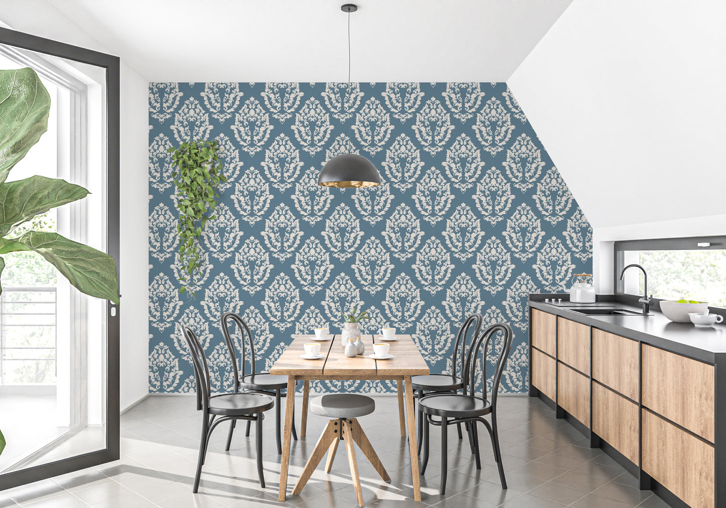 Blue damask wallpaper mural for classy interiors
