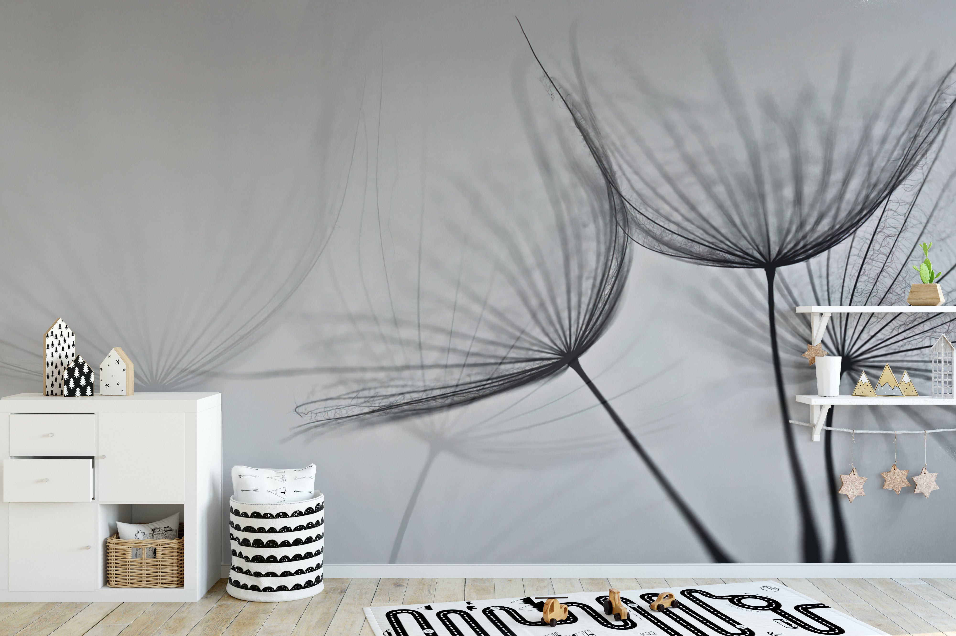 Serene dandelion seed wall mural in grayscale tones
