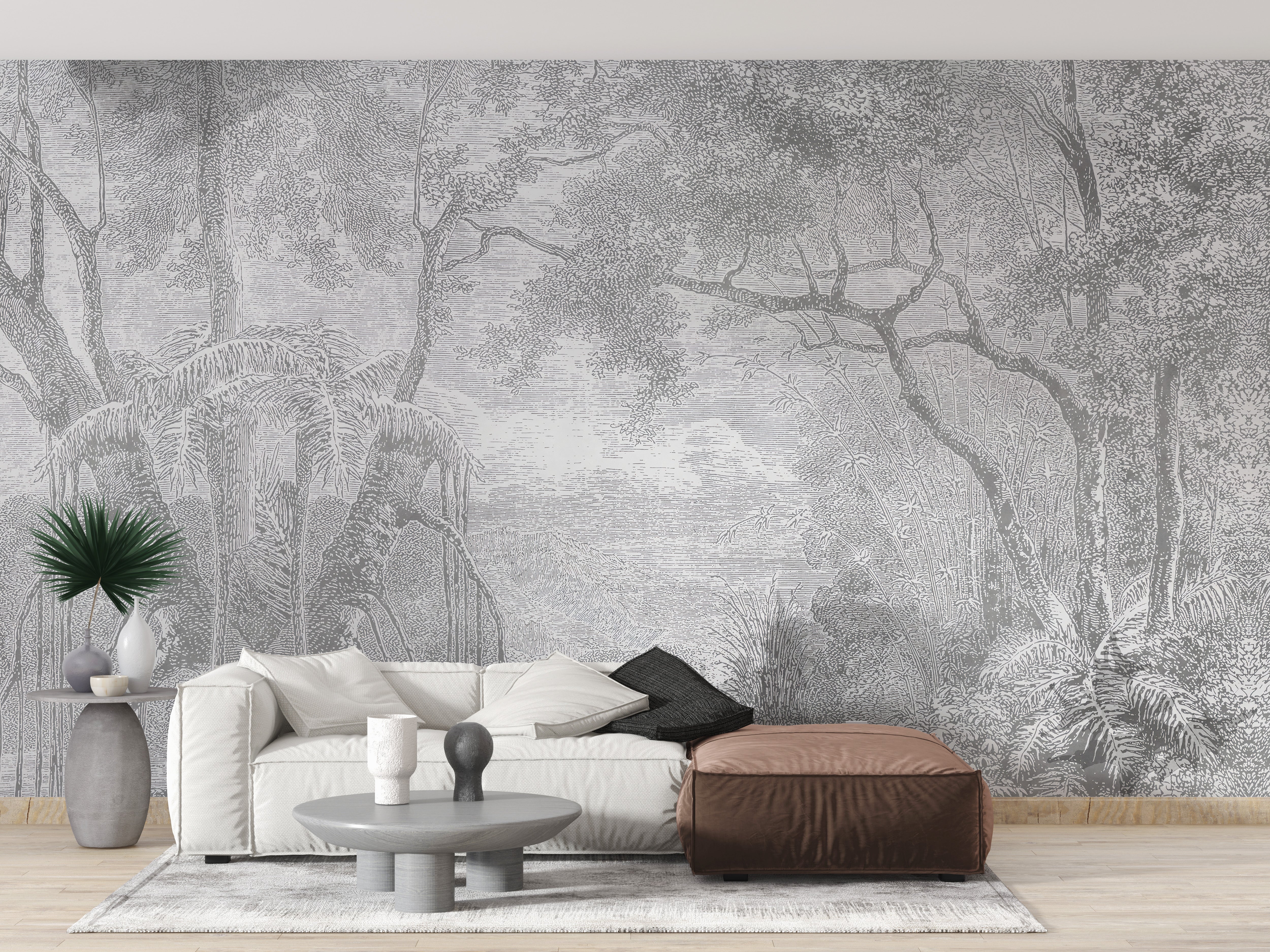 Artistic gray forest wall mural for nature
