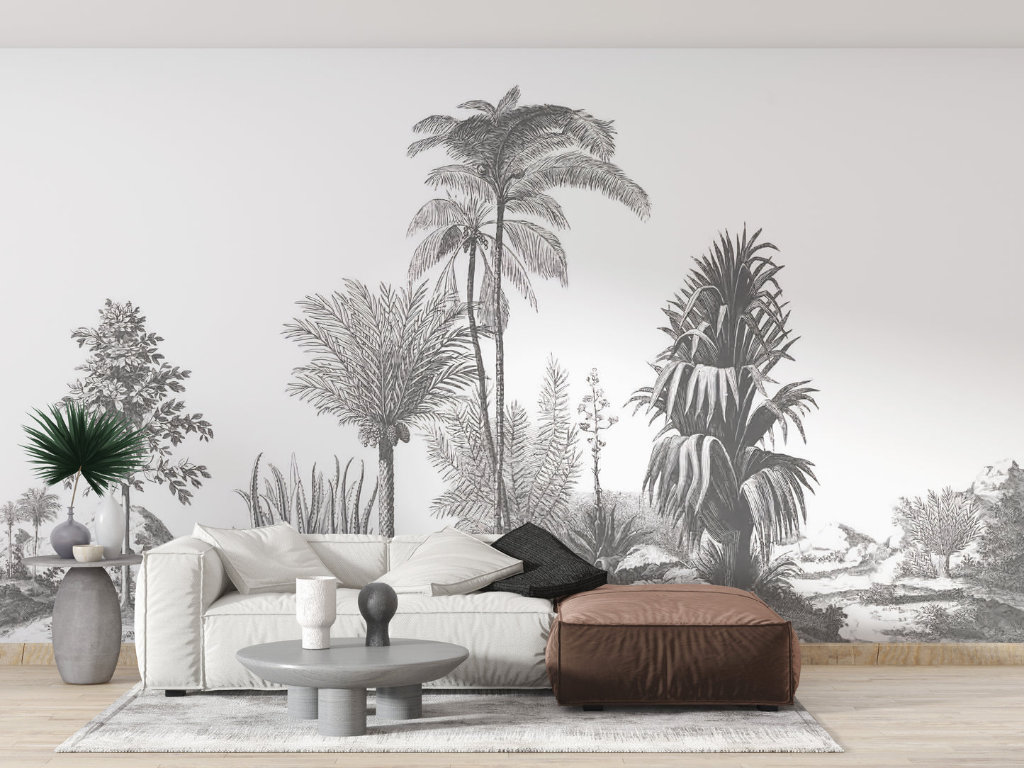 Serene tropical mural with gray wallpaper art
