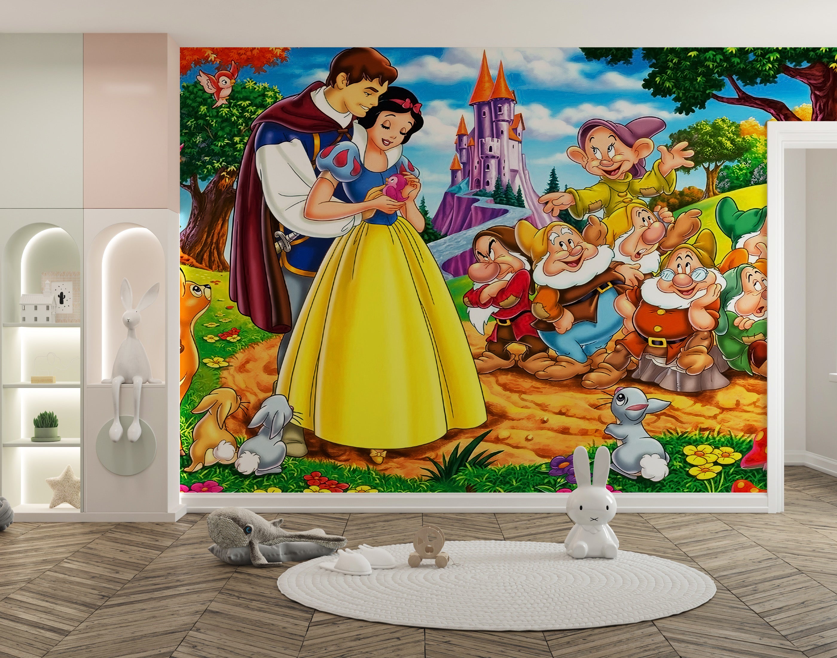 Elegant wallpaper mural depicting Snow White’s magical journey
