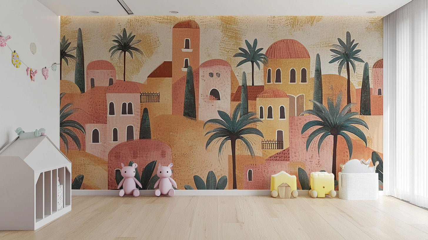 Kids’ room glows with rustic terracotta house wallpaper