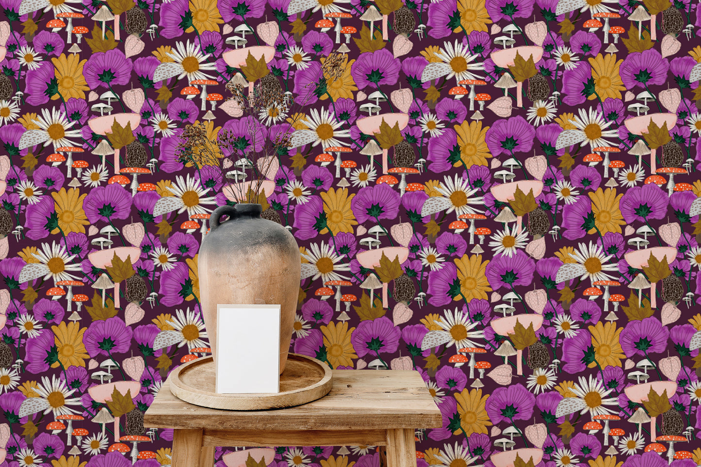 Magical Wild Flowers and Mushrooms Purple Wallpaper