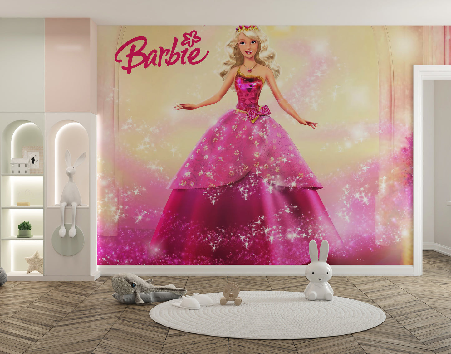 Stylish Barbie mural with her signature pink dress design
