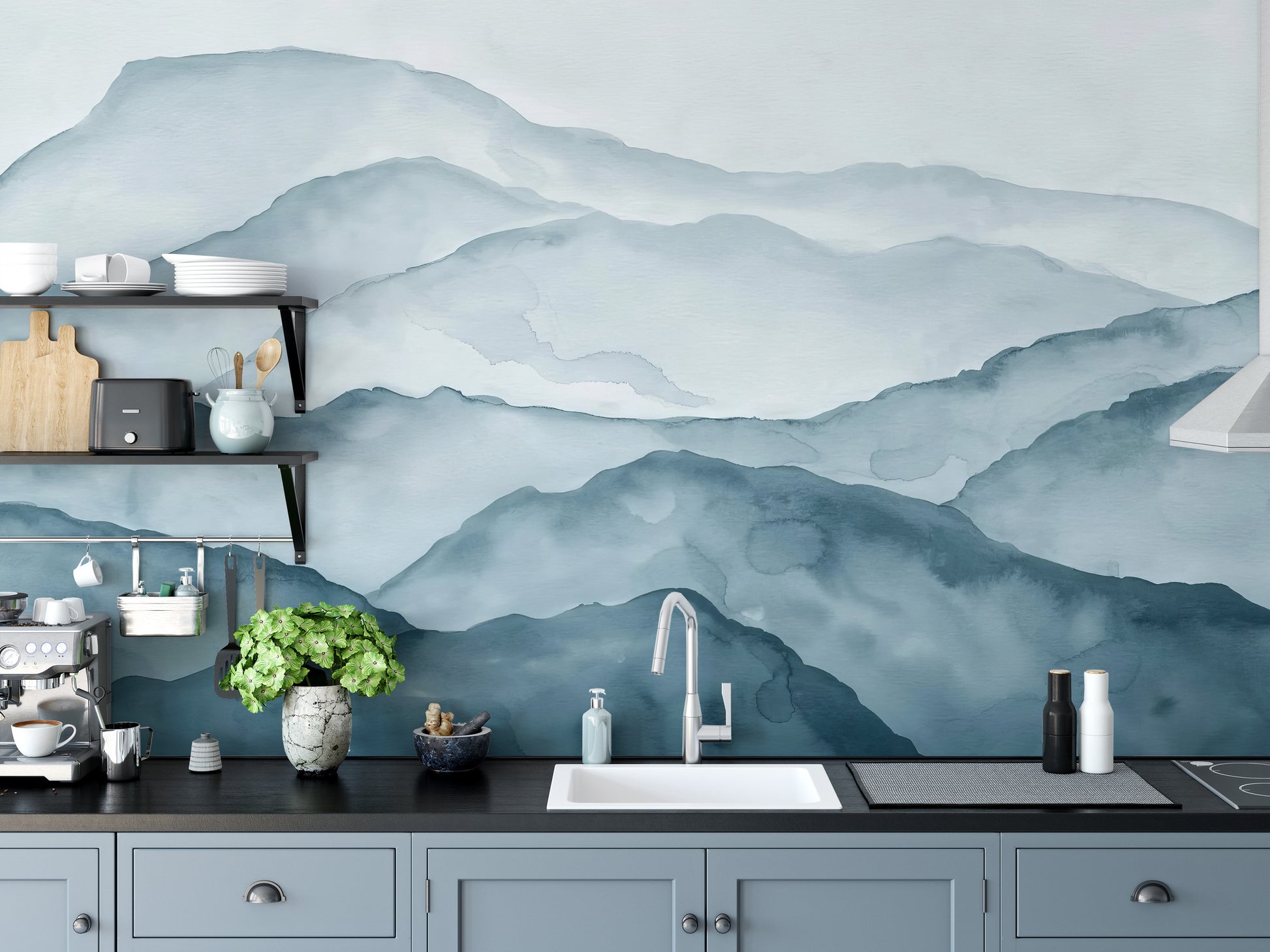 Blue Watercolor Mountain Mural adds serenity to your bathroom