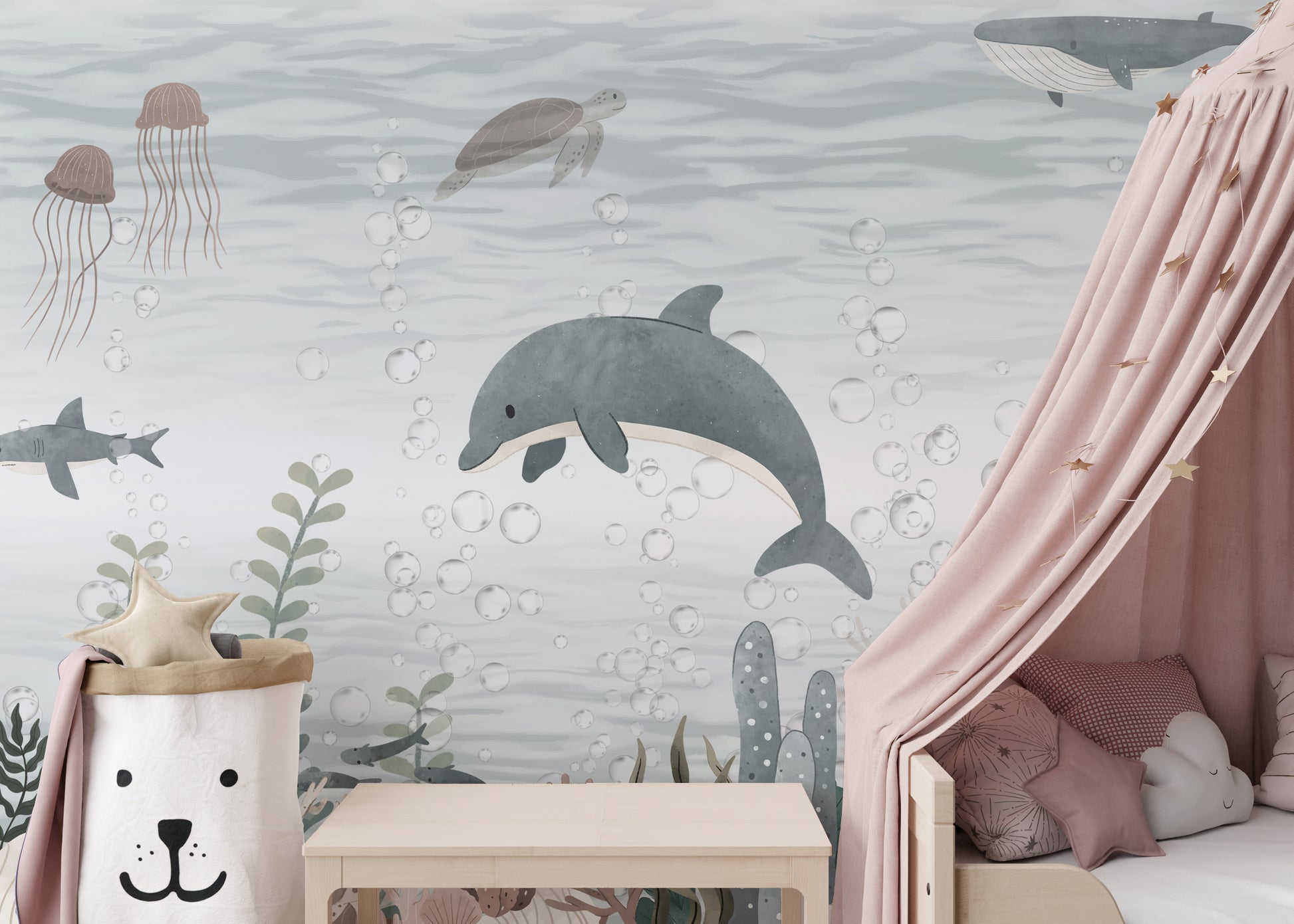 Artistic ocean vibes in Serene Ocean Life Wallpaper Mural