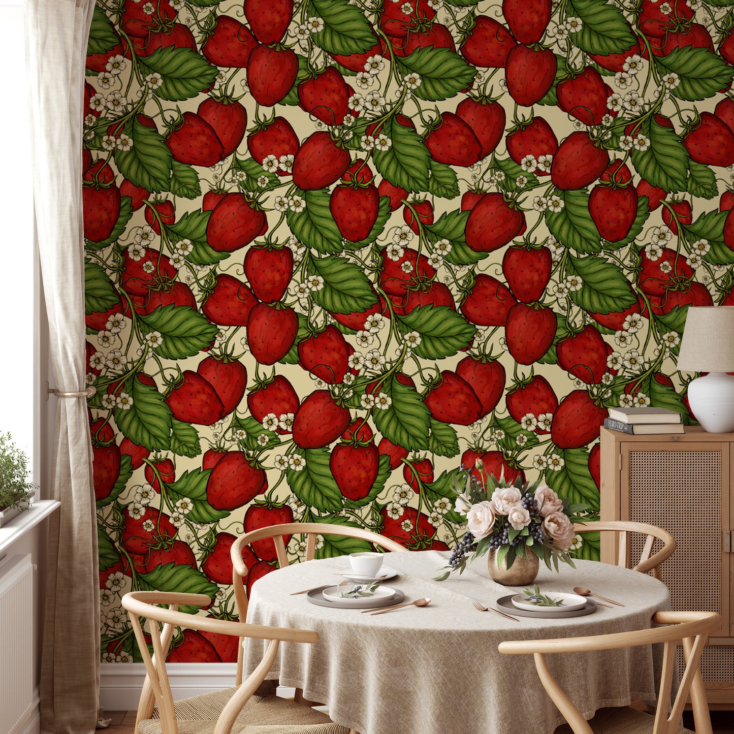 Vibrant red strawberry forest mural for a lively wall accent.
