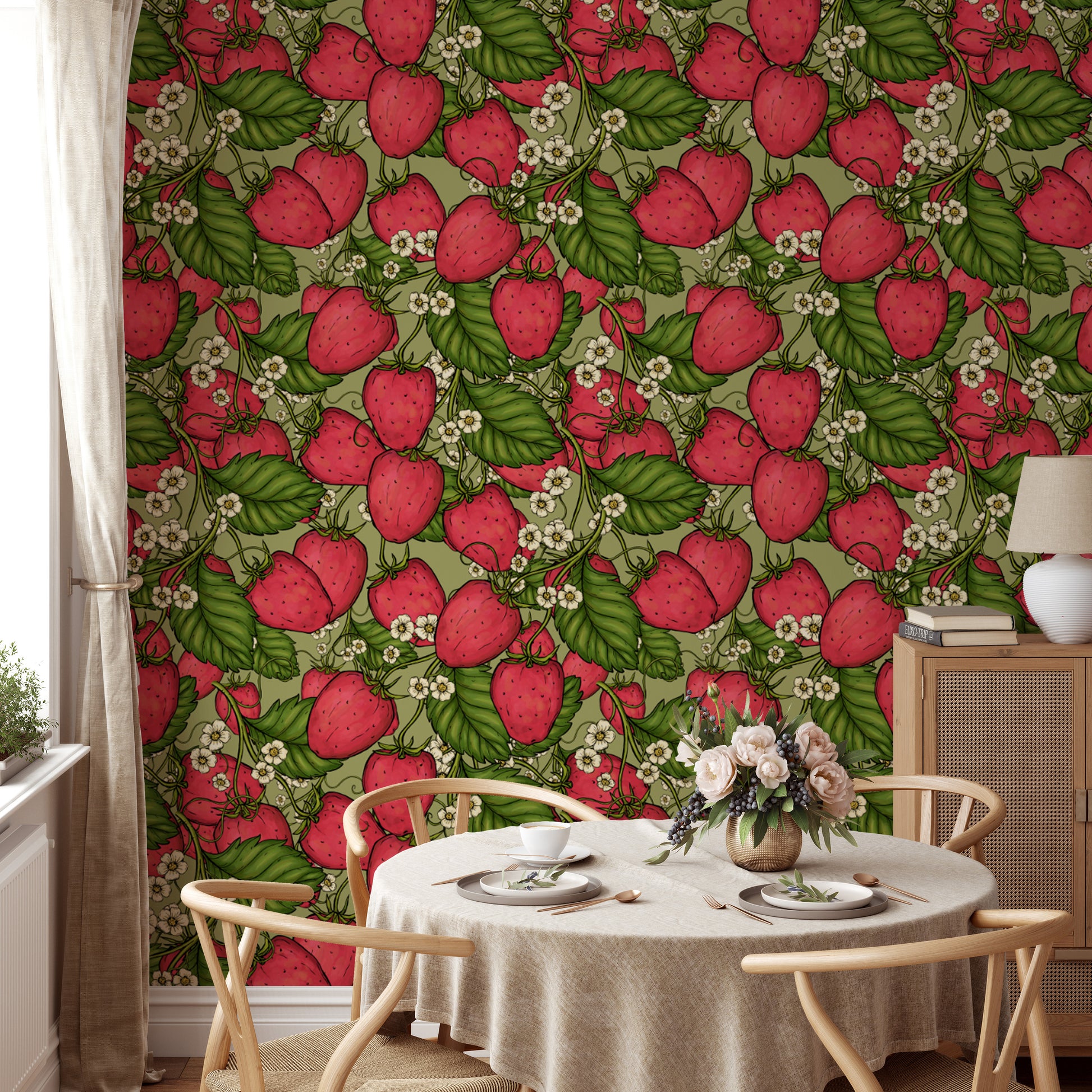 Charming pink strawberry forest wallpaper for cozy and cheerful spaces.
