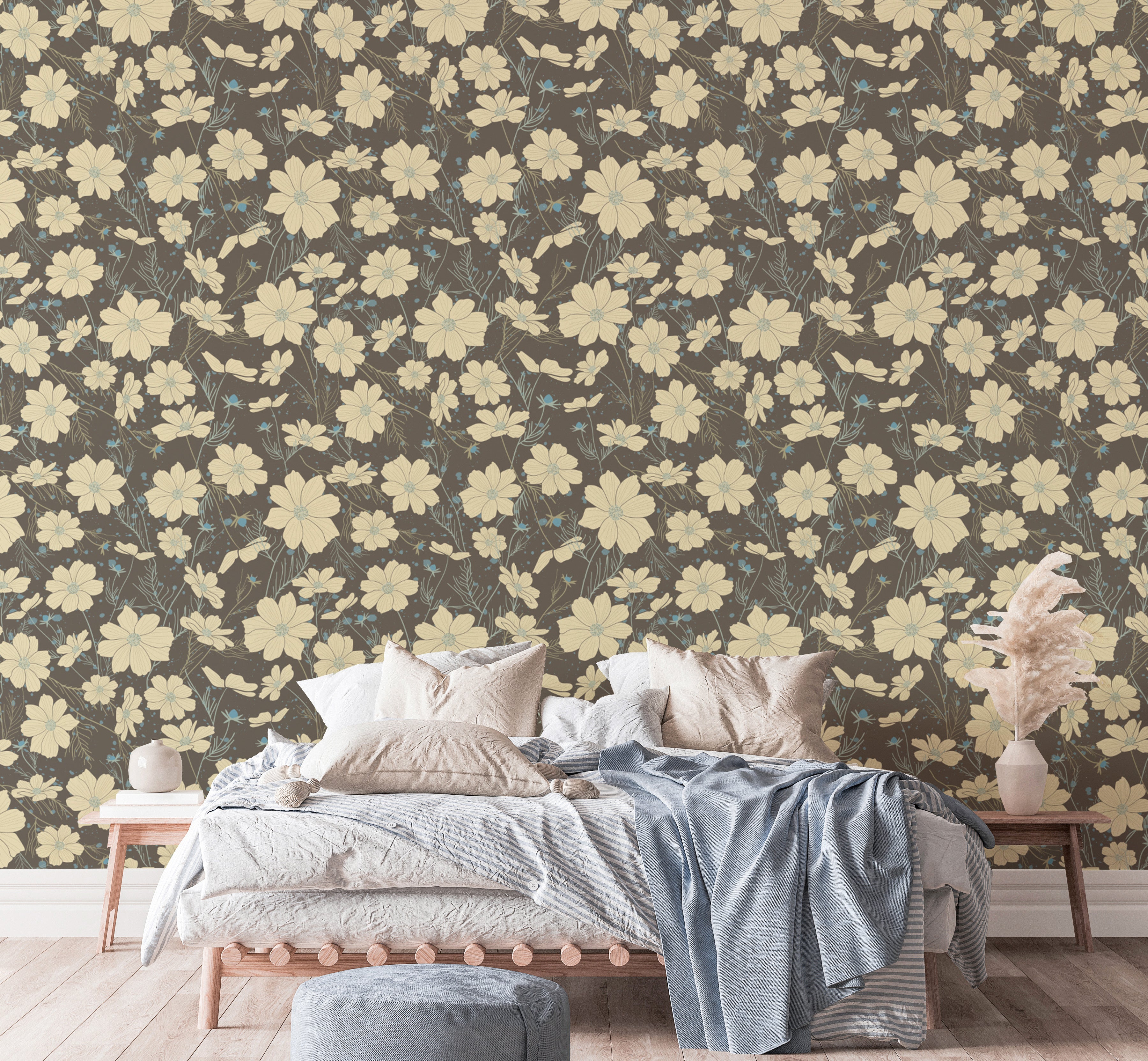 Sophisticated gray wallpaper featuring cosmos flower patterns.
