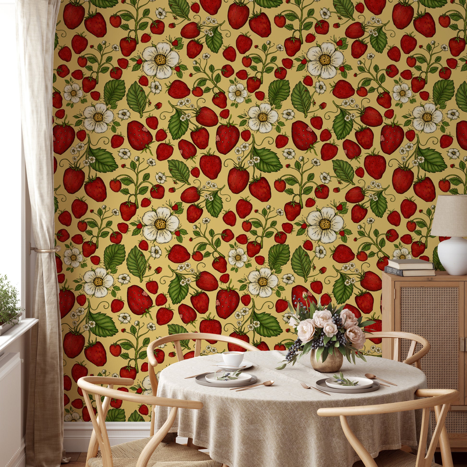 Vibrant strawberry patch red on yellow wallpaper for kitchens.
