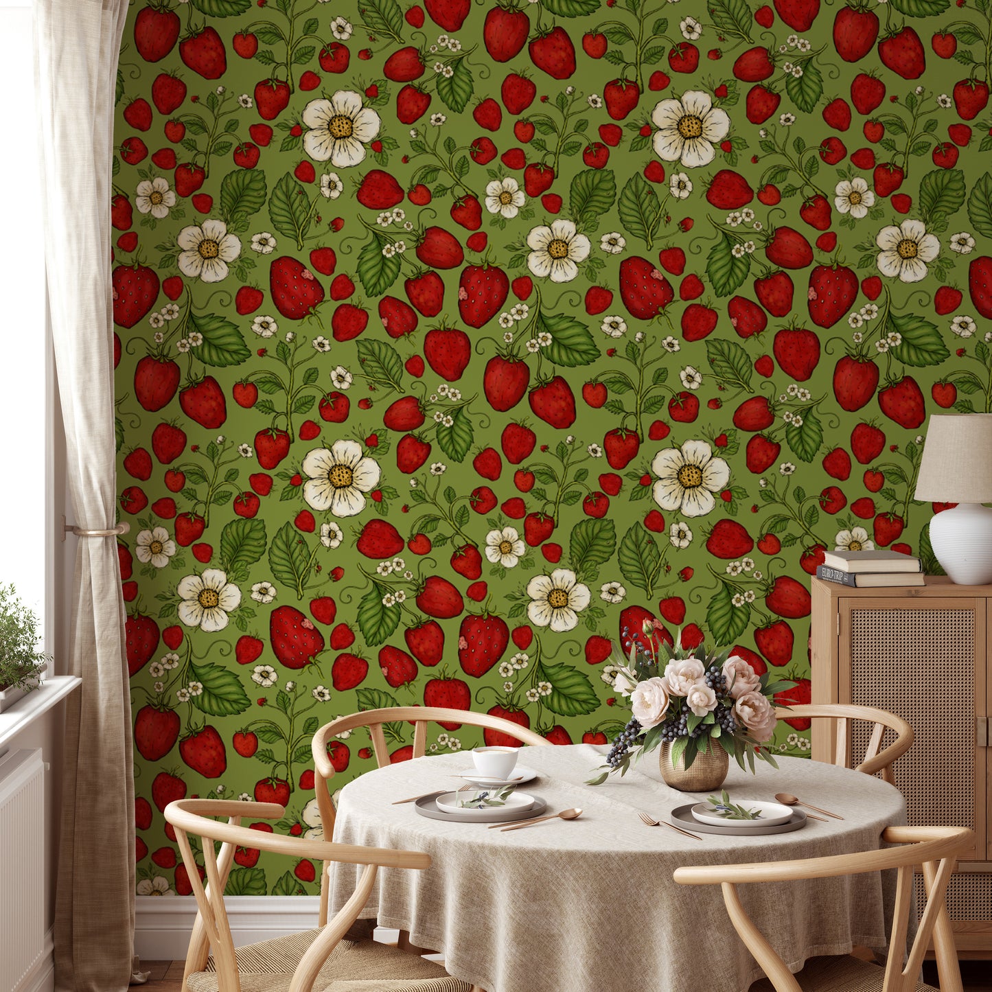 Red strawberries on lush green wallpaper for cozy spaces.
