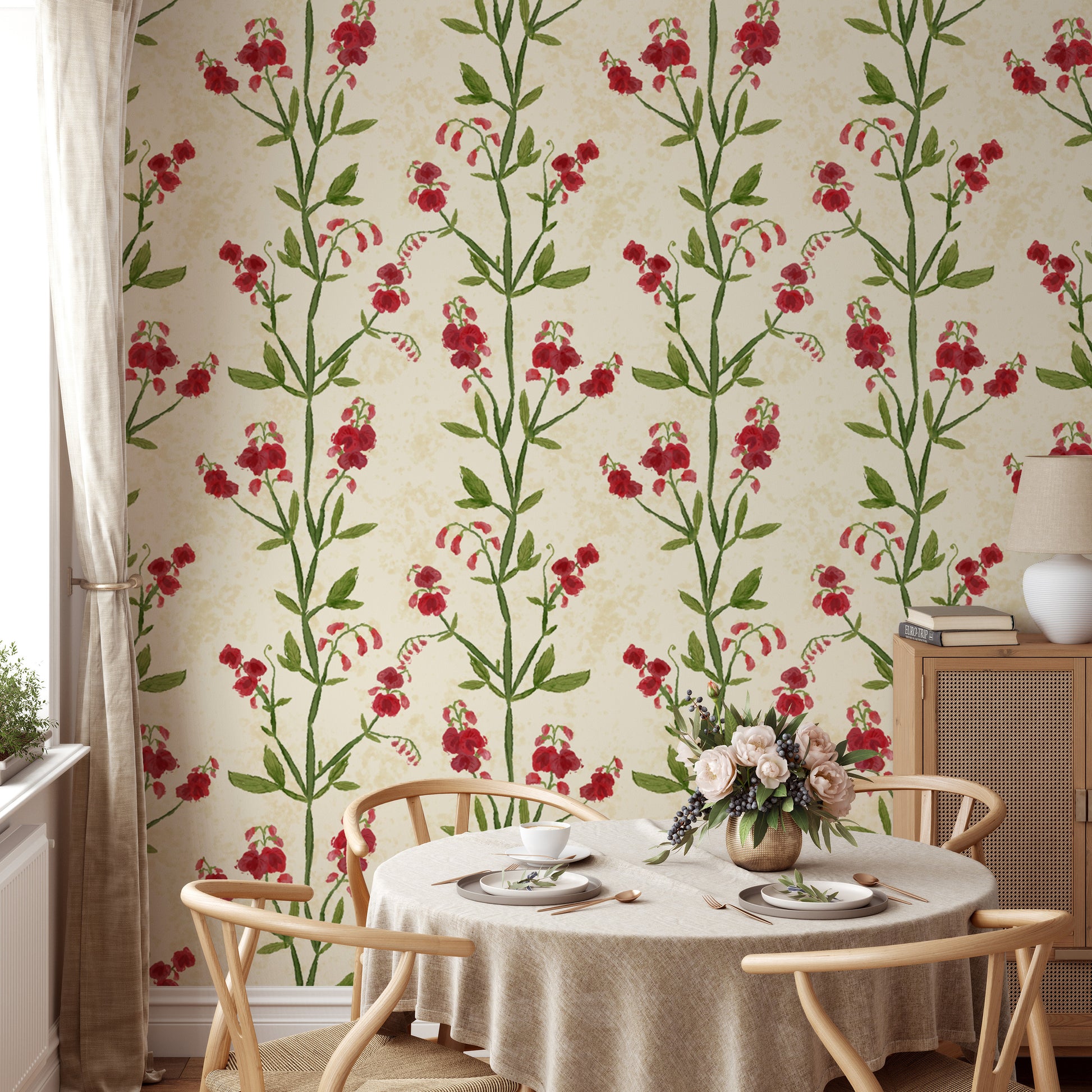 Vibrant sweet peas magenta leaves wallpaper for bold walls.
