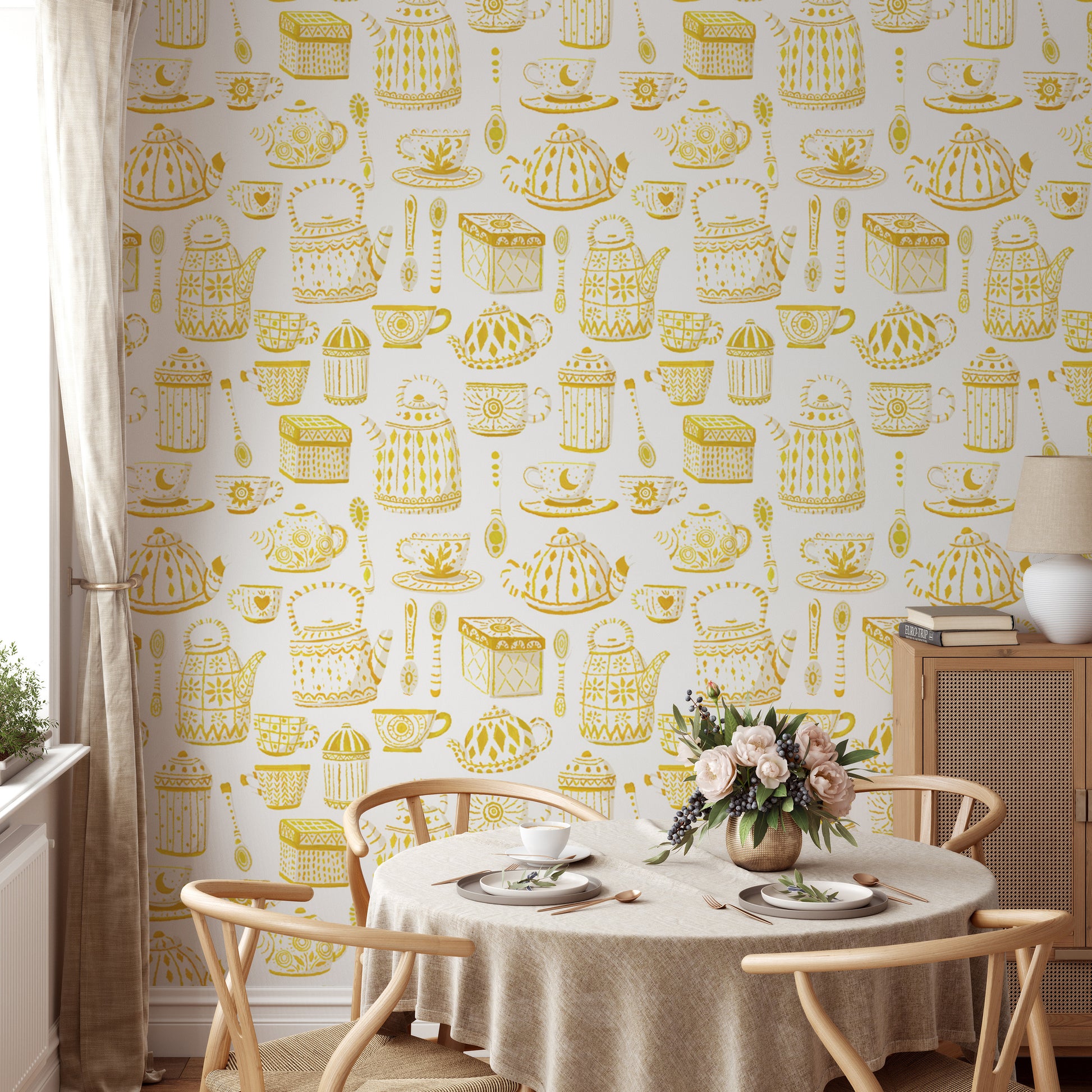 Warm yellow tea set wallpaper for timeless interior style.
