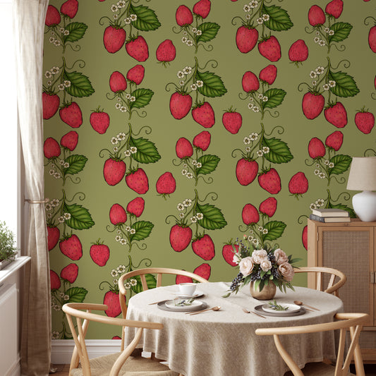 Charming pink trailing strawberries wallpaper for sweet decor.
