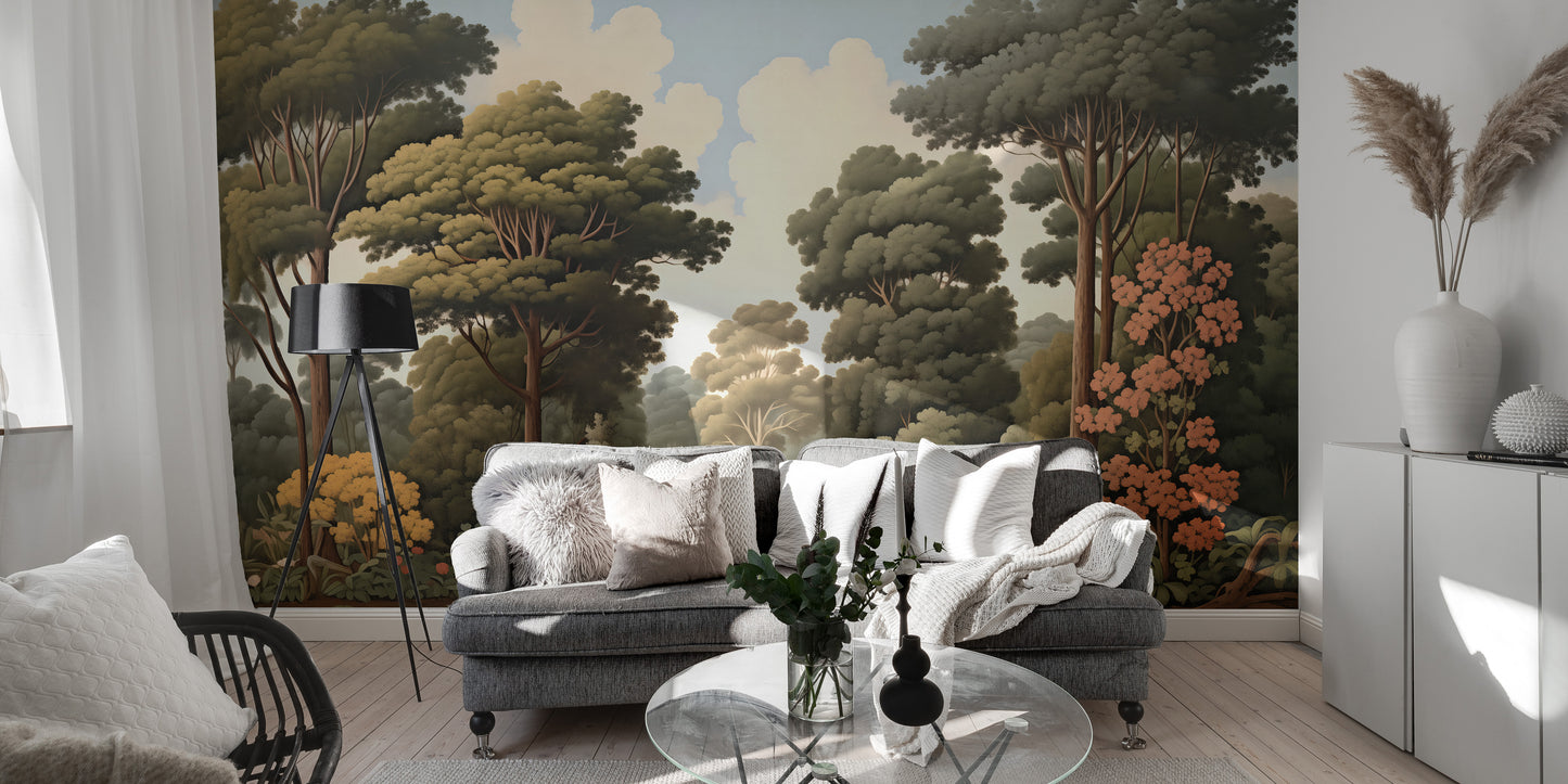 Elegant forest woodcut green nature wallpaper murals for a serene ambiance.
