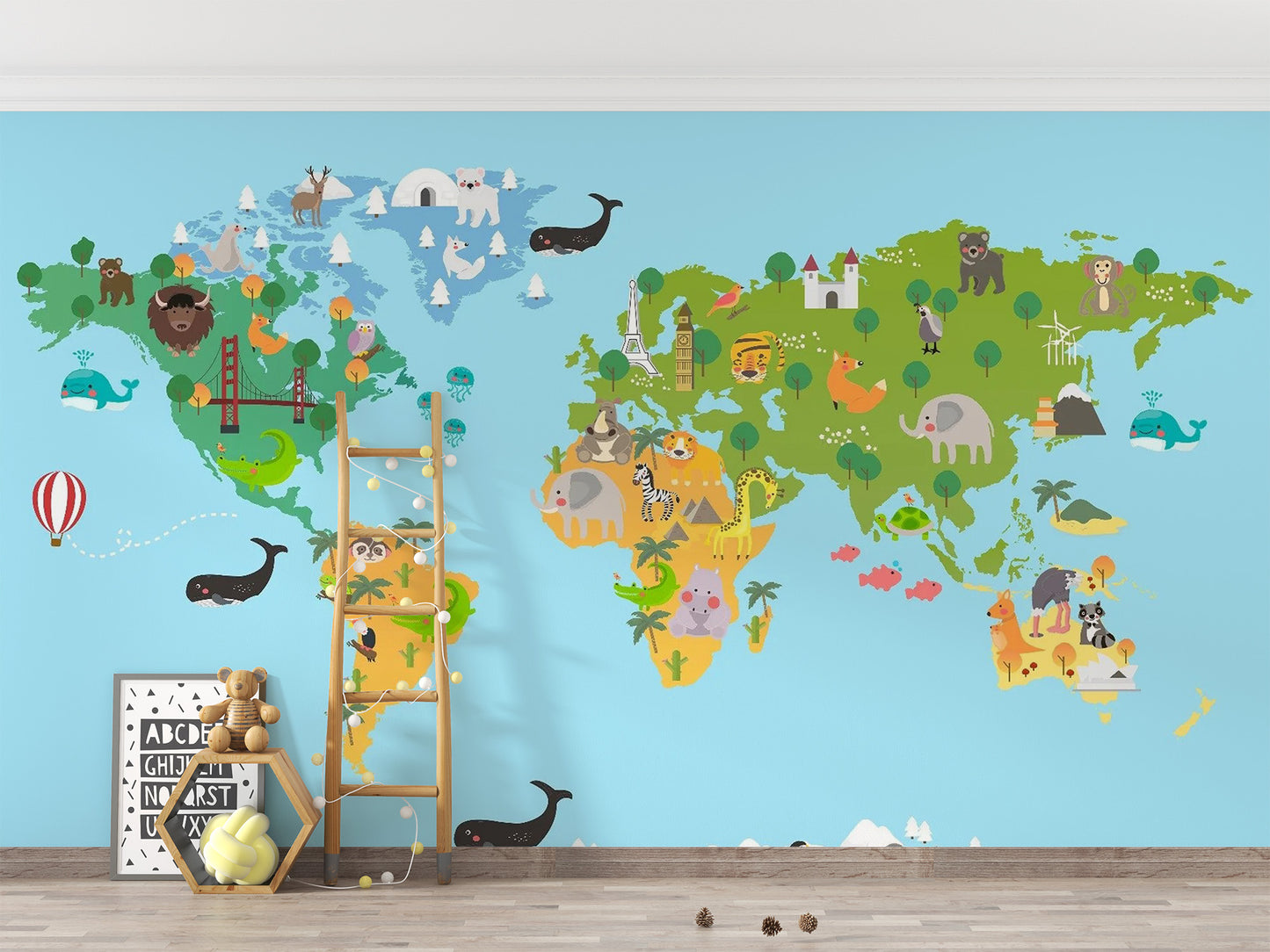 Kids Educational Animal World Map Wall Mural
