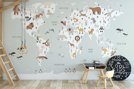 Cute animal world map wallpaper for kids' rooms
