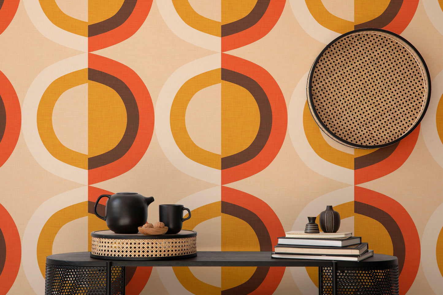 Retro inspired wallpaper with curved patterns
