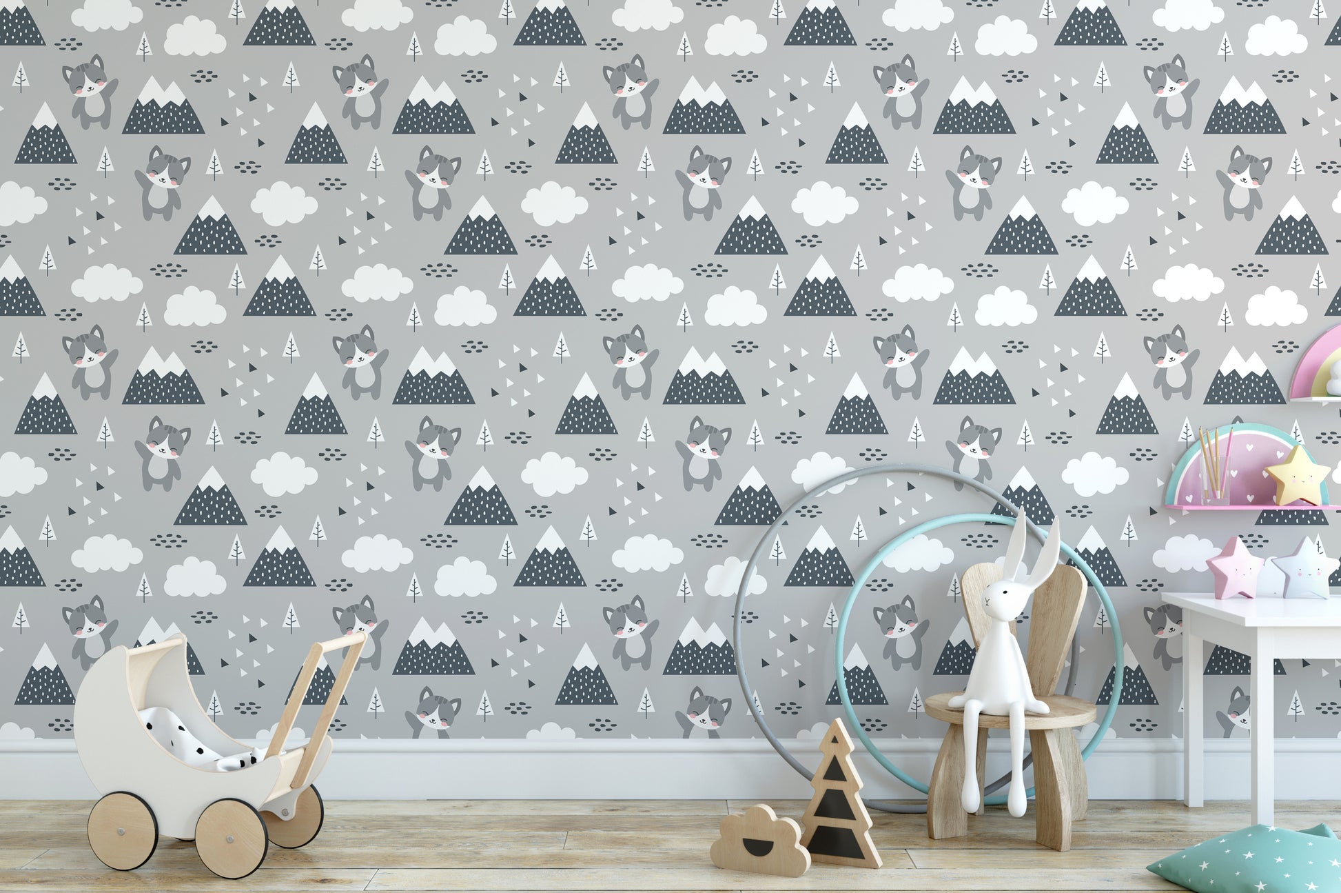 Cute kitty in forest-themed wallpaper mural