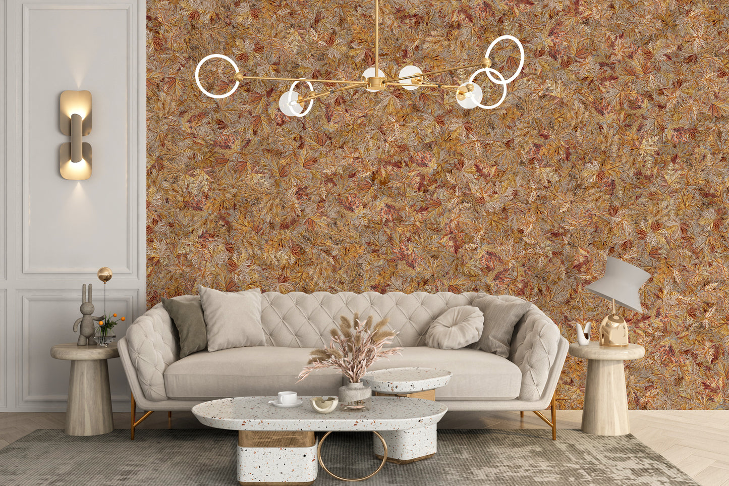 Taupe brown leaf wallpaper design mural
