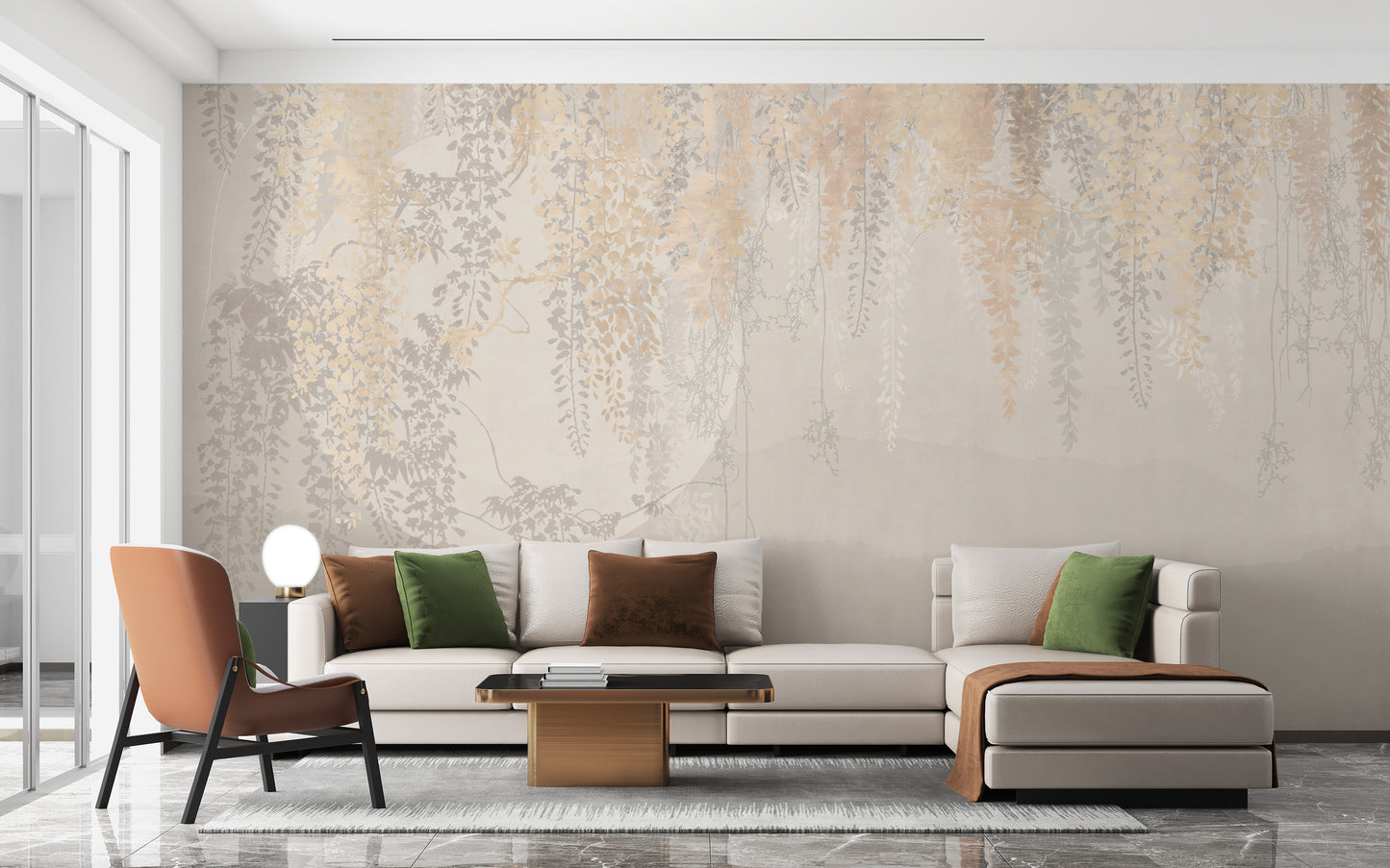 Golden and Grey Hanging Leaves Wallpaper Murals