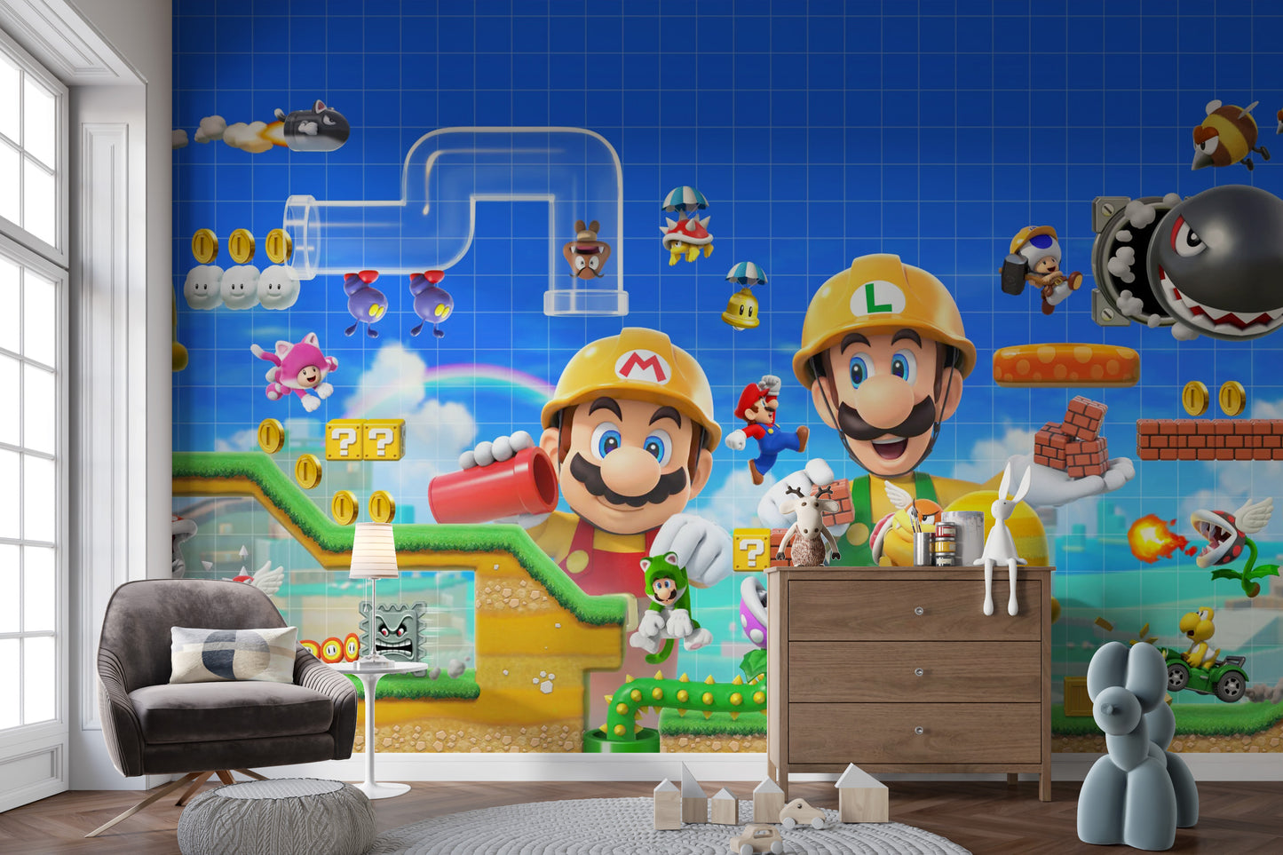 Vibrant Super Mario Bros Kids Wallpaper design
